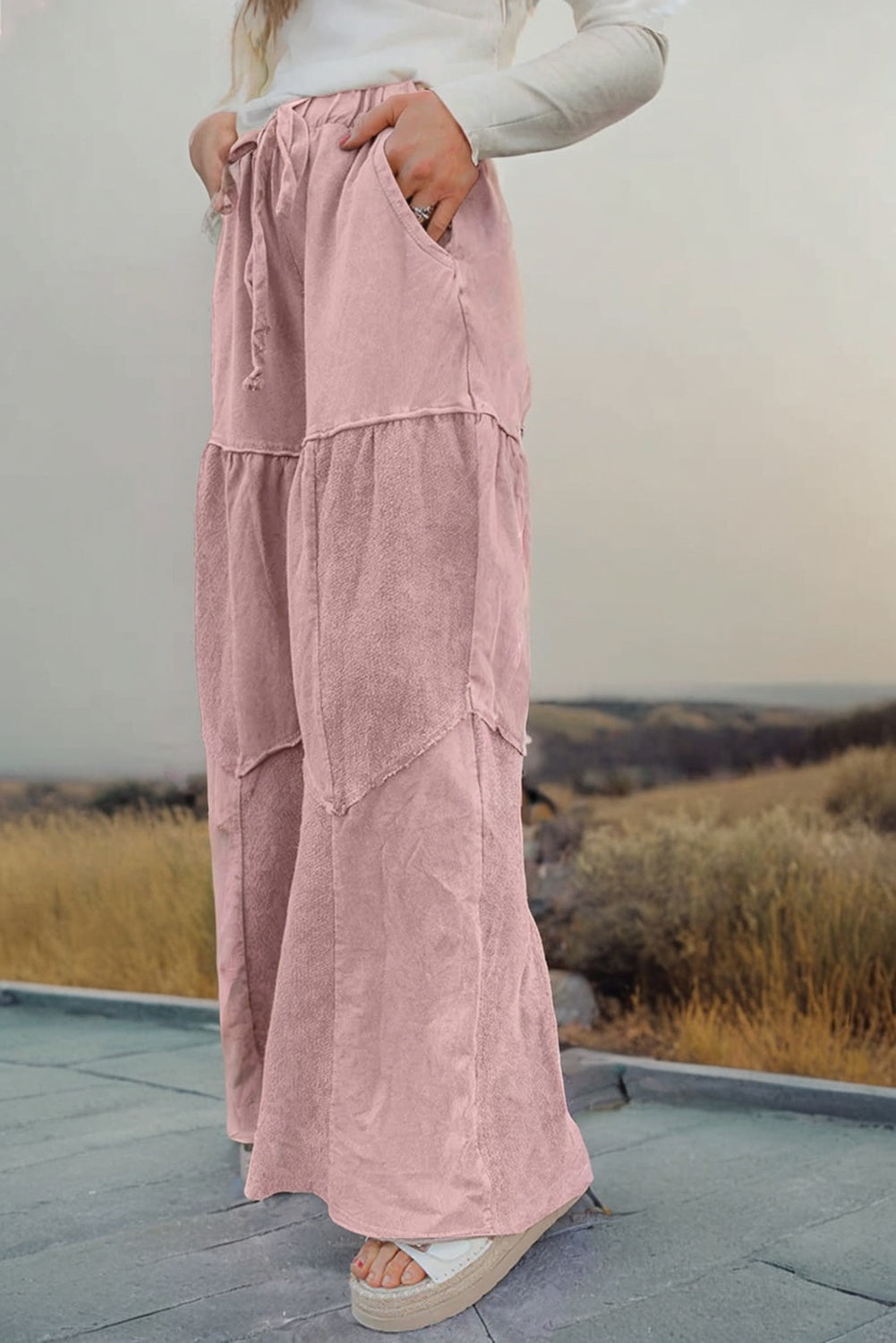Straw Yellow Mineral Wash Tiered Wide Leg Patchwork Drawstring Pants