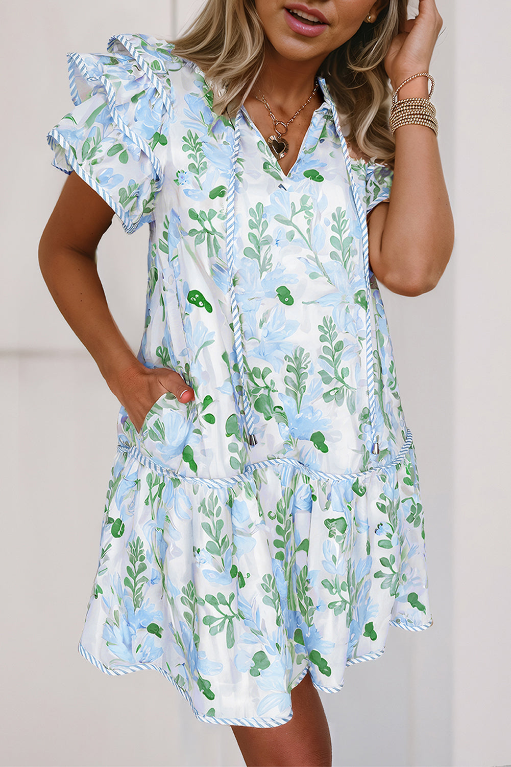 Orange Floral Contrast Edge Layered Short Sleeve Mini Dress