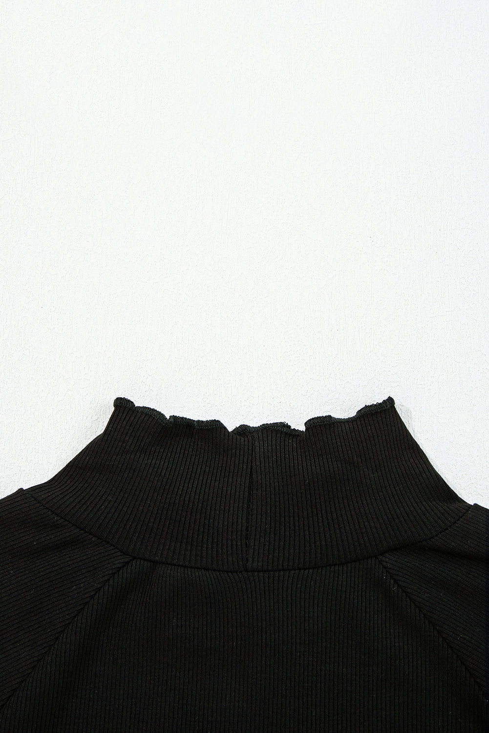 White Ribbed Knit Lettuce Trim High Neck Long Sleeve Top