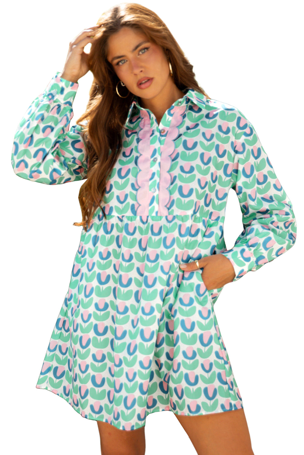 Green Floral Print Notched Neck Scalloped Detail Long Sleeve Mini Dress
