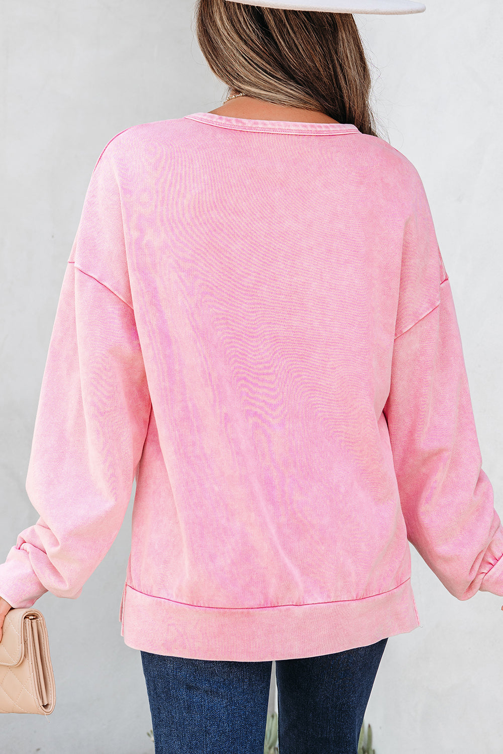 Bright Pink Mineral Wash Big Bow Patchwork Pullover Sweatshirt