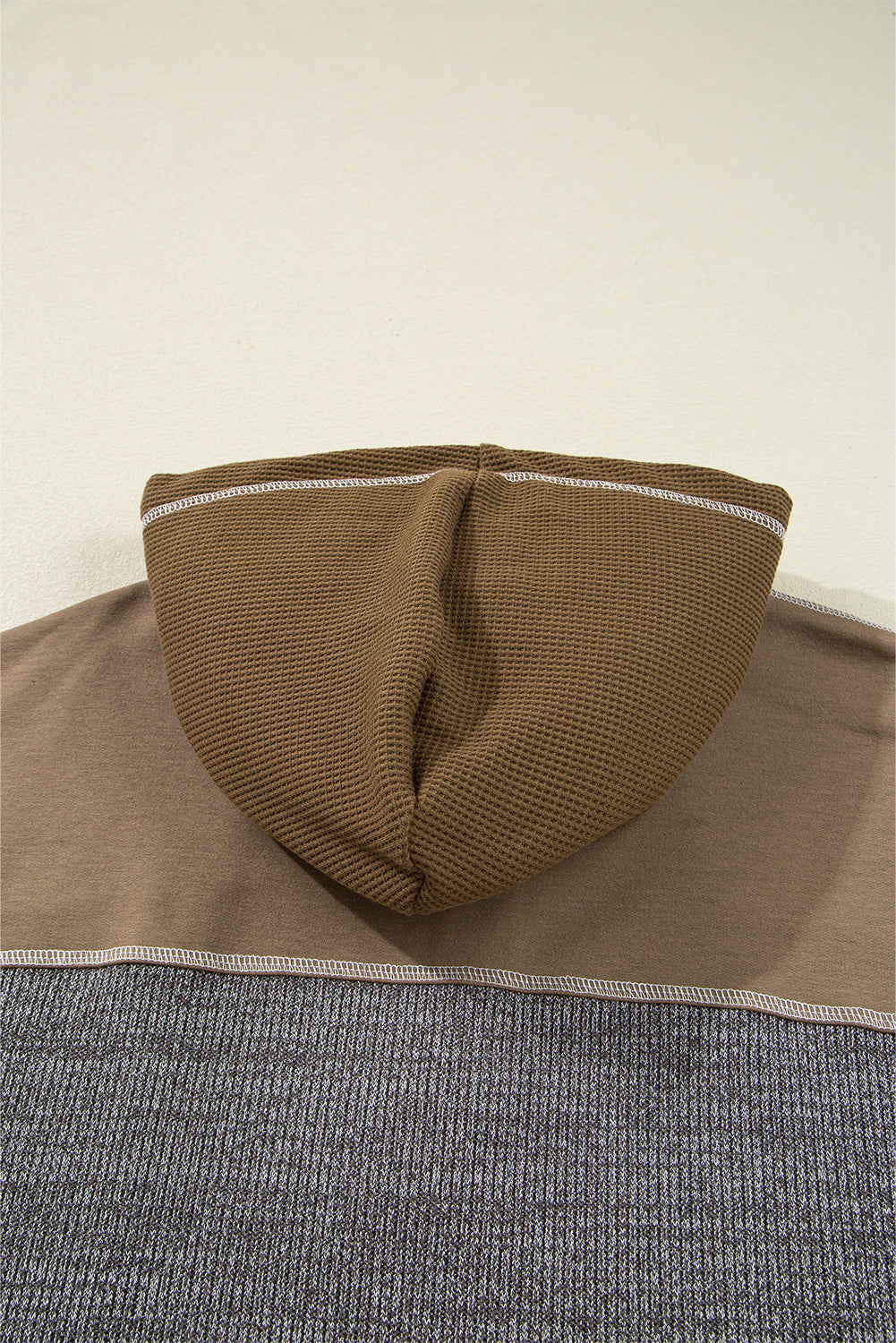 Jungle Green Mixed Texture Patchwork Exposed Seam Half Button Pullover Hooded Sweatshirt