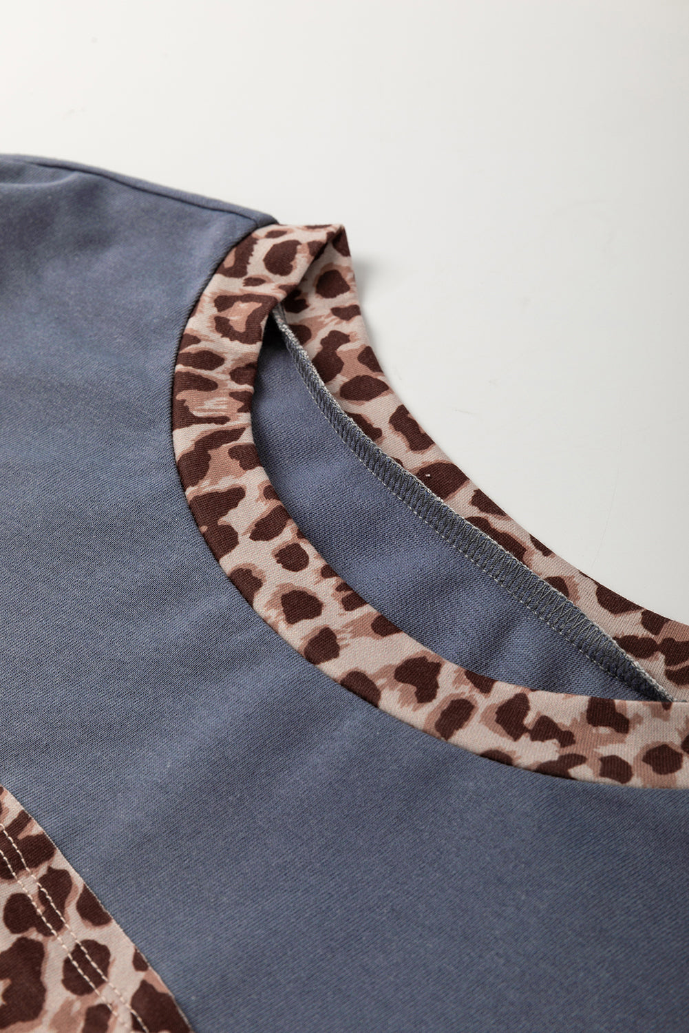 Dark Blue Leopard Colorblock Patchwork Long Sleeve Drop Shoulder Top