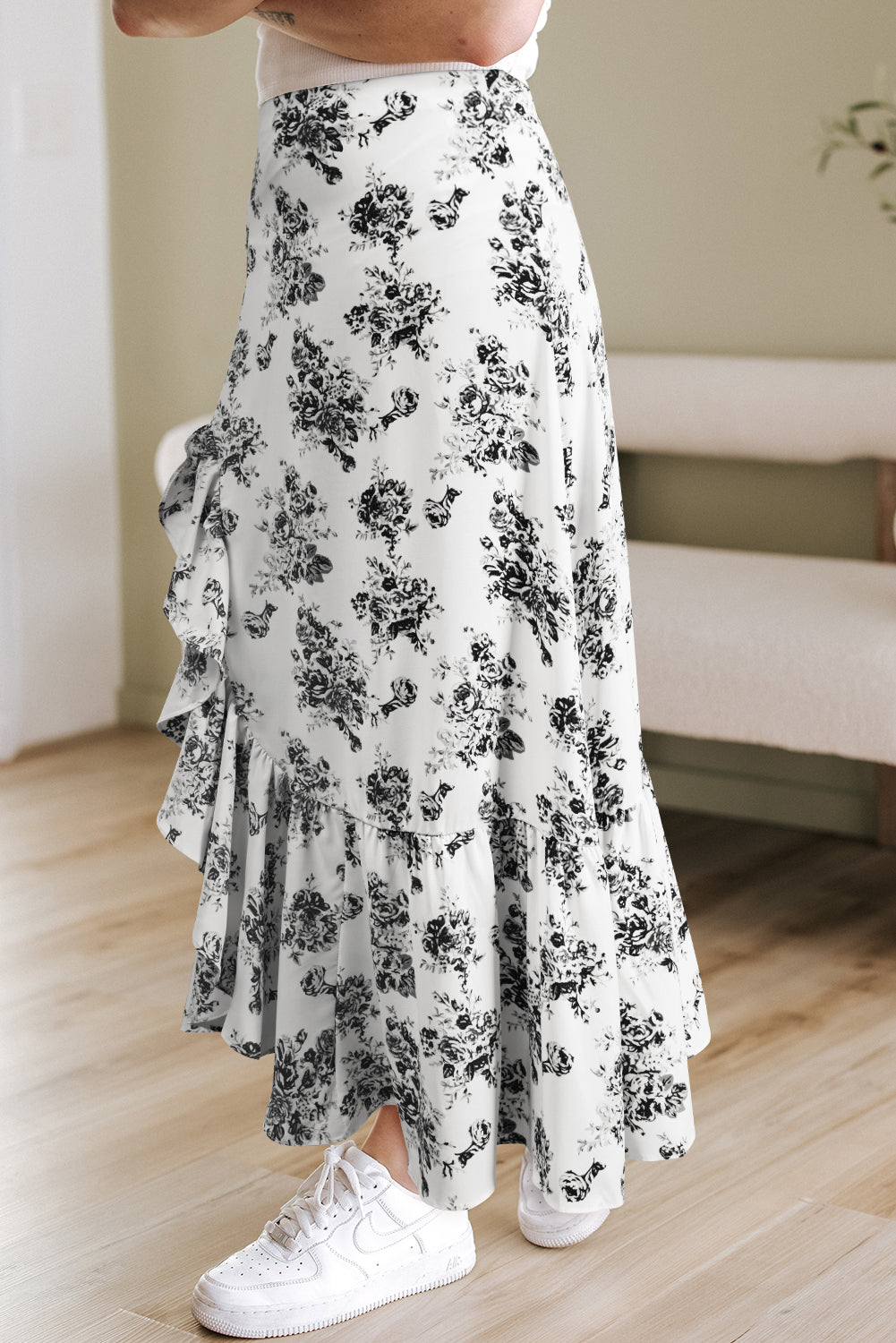 Rose Boho Floral High Waist Ruffle Split Maxi Skirt