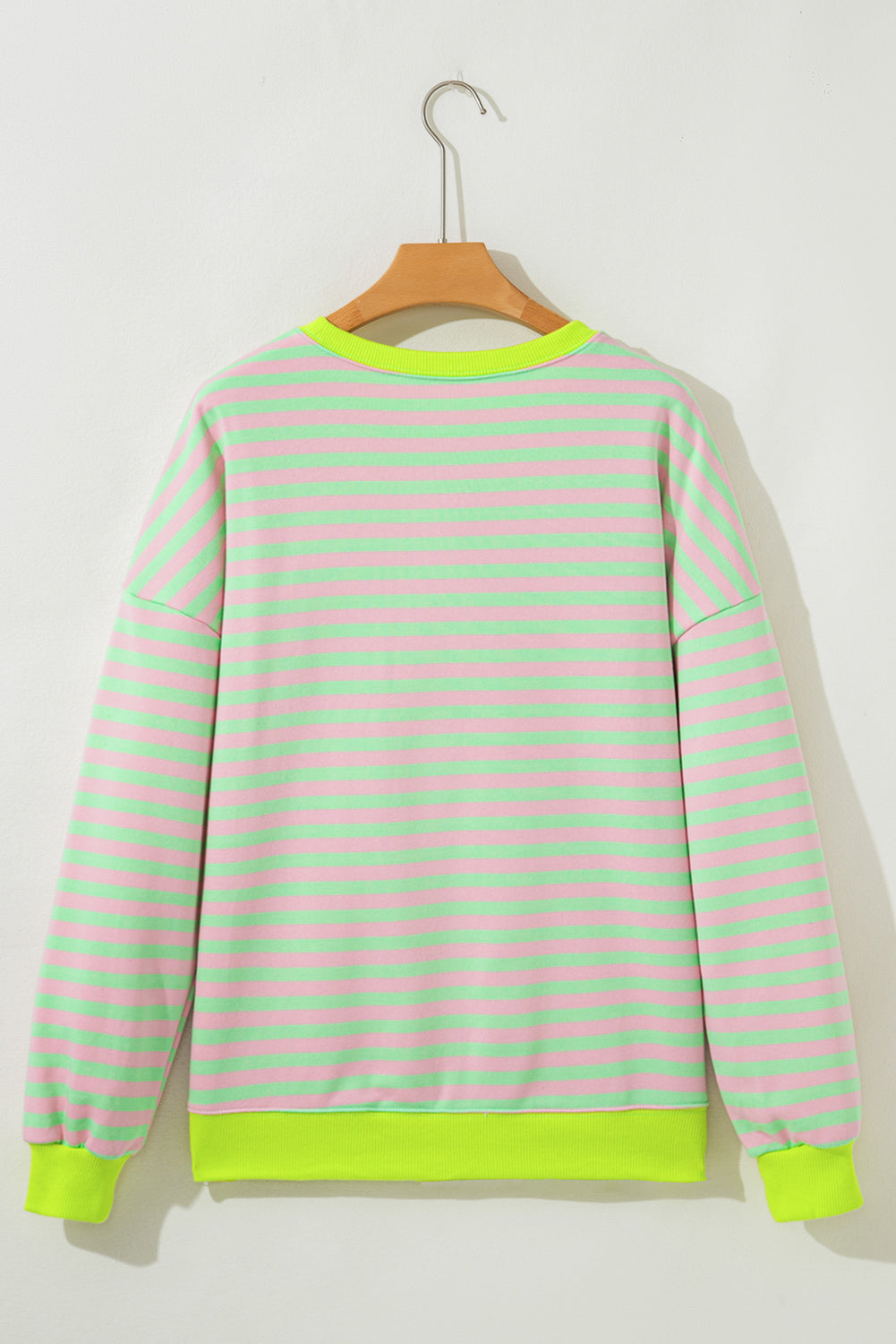 Green Stripe Contrast Ribbed Trim Crossed Stitch Drop Shoulder Sweatshirt