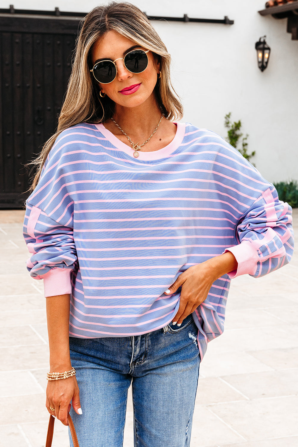 Sky Blue Stripe Oversize Contrast Trim Drop Shoulder Casual Top