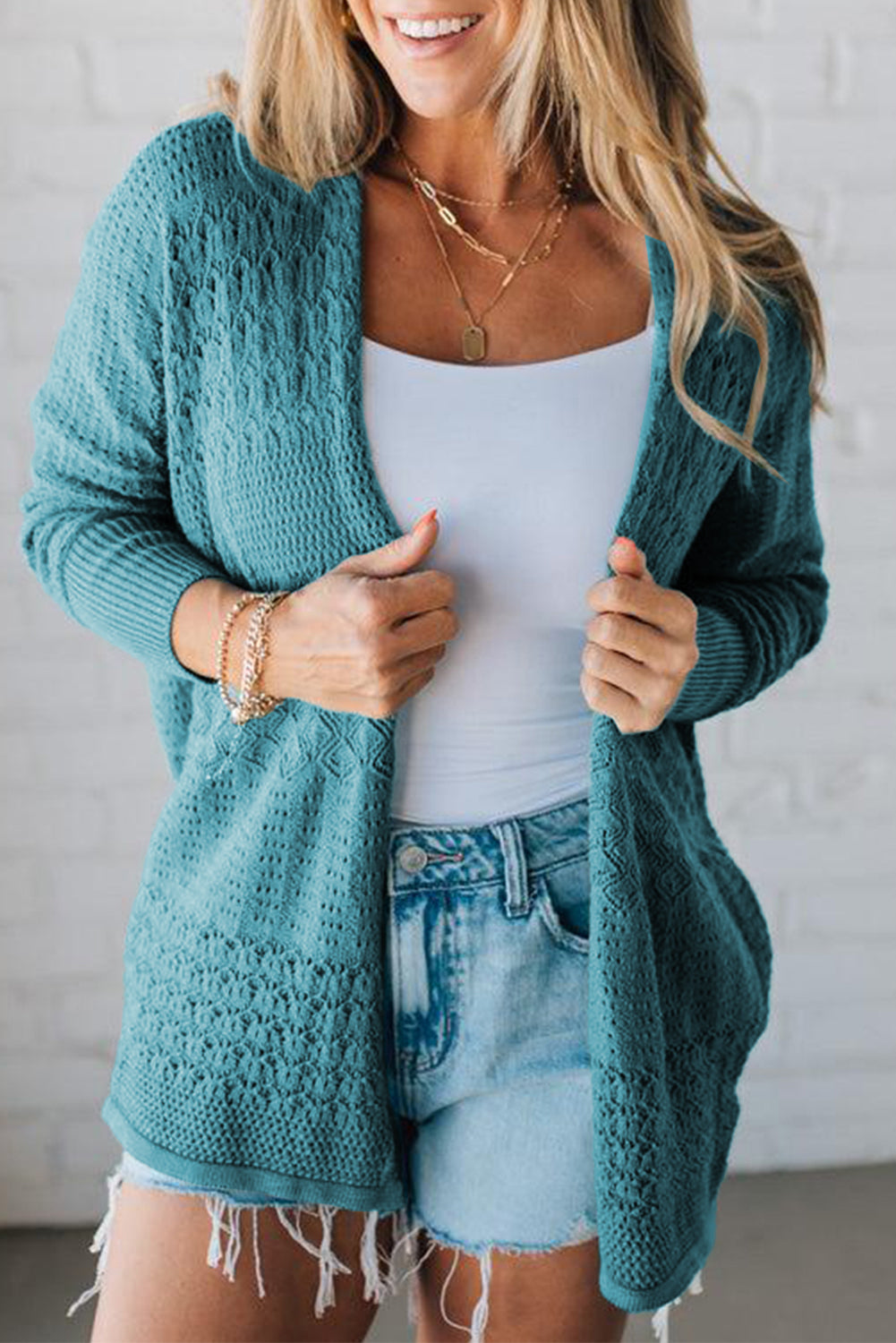 Jet Stream Mix Pattern Hollowed Knit Open Front Cardigan