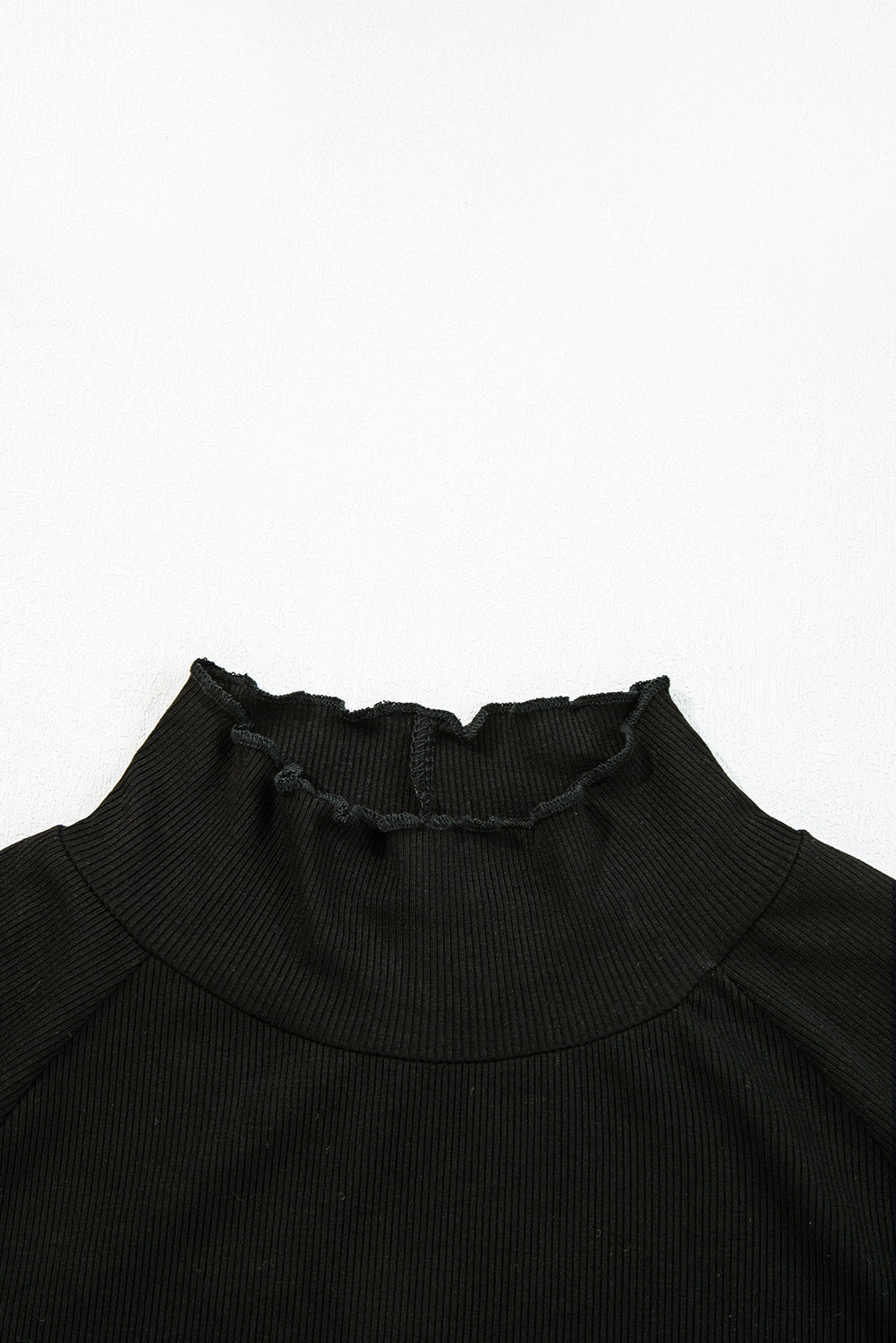 White Ribbed Knit Lettuce Trim High Neck Long Sleeve Top