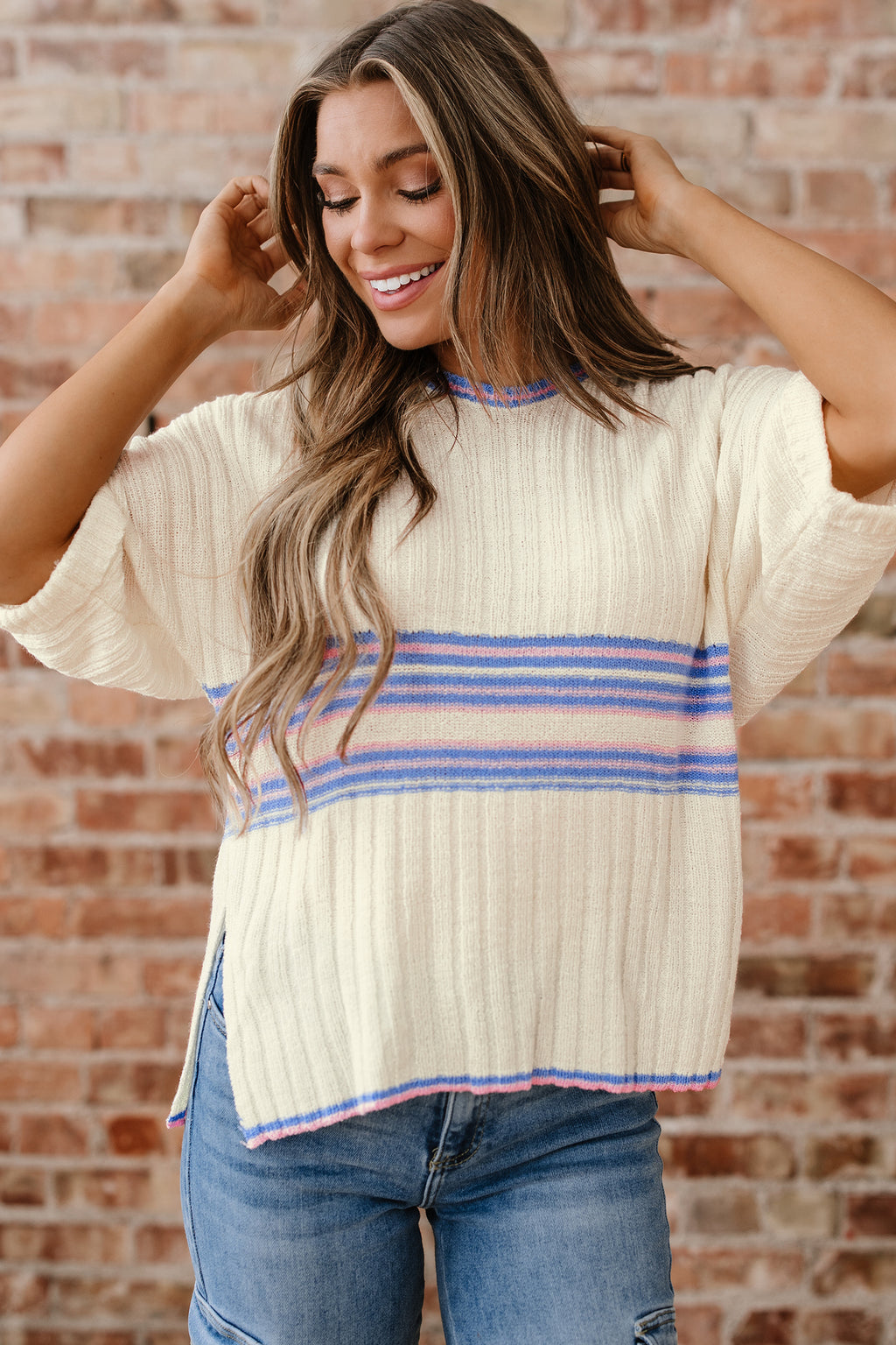 White Striped V Neck Dolman Sleeve Rib Knit Oversized Sweater with Slits