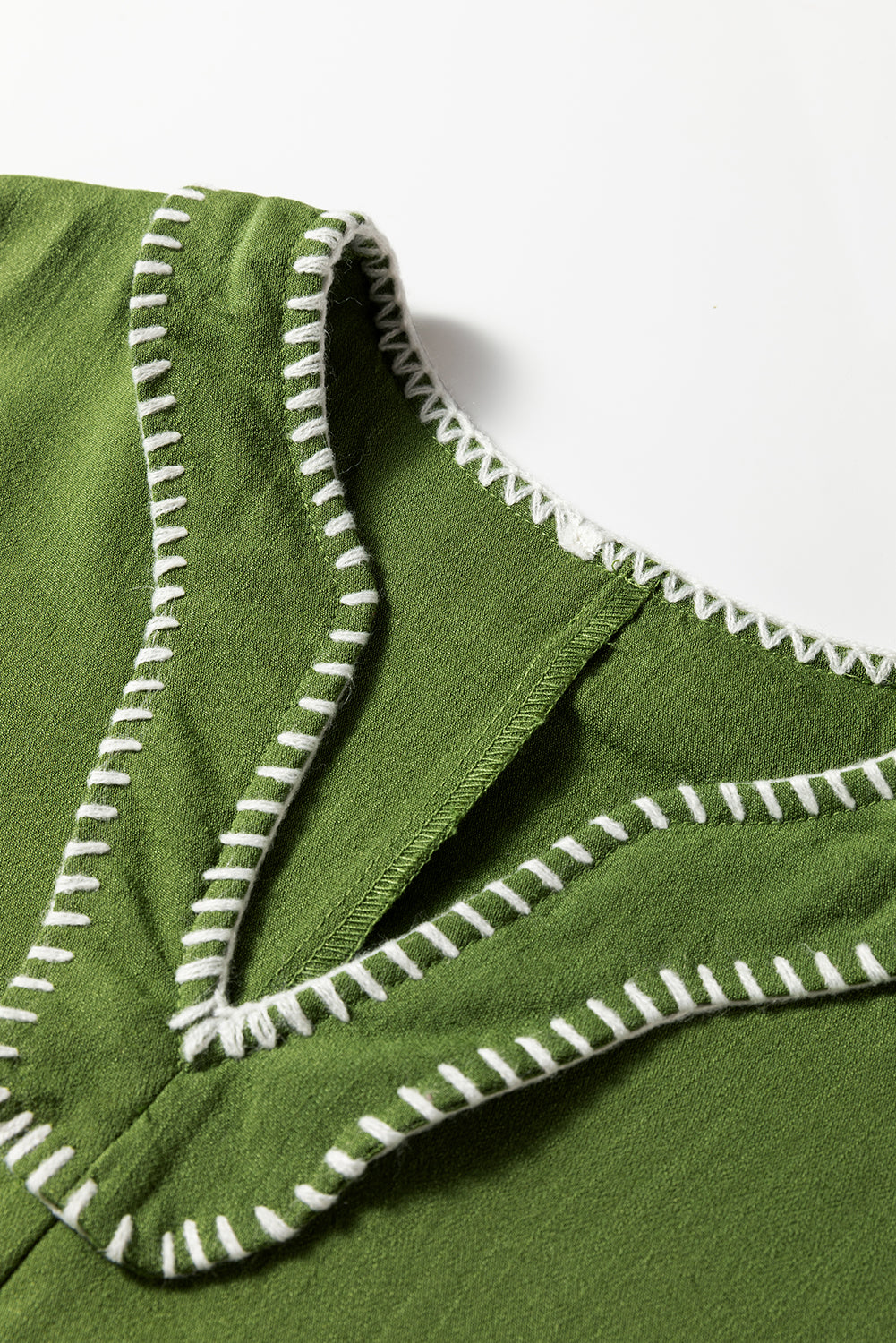 Jungle Green Contrast Stitched V Neck 3/4 Sleeve Tiered Mini Dress