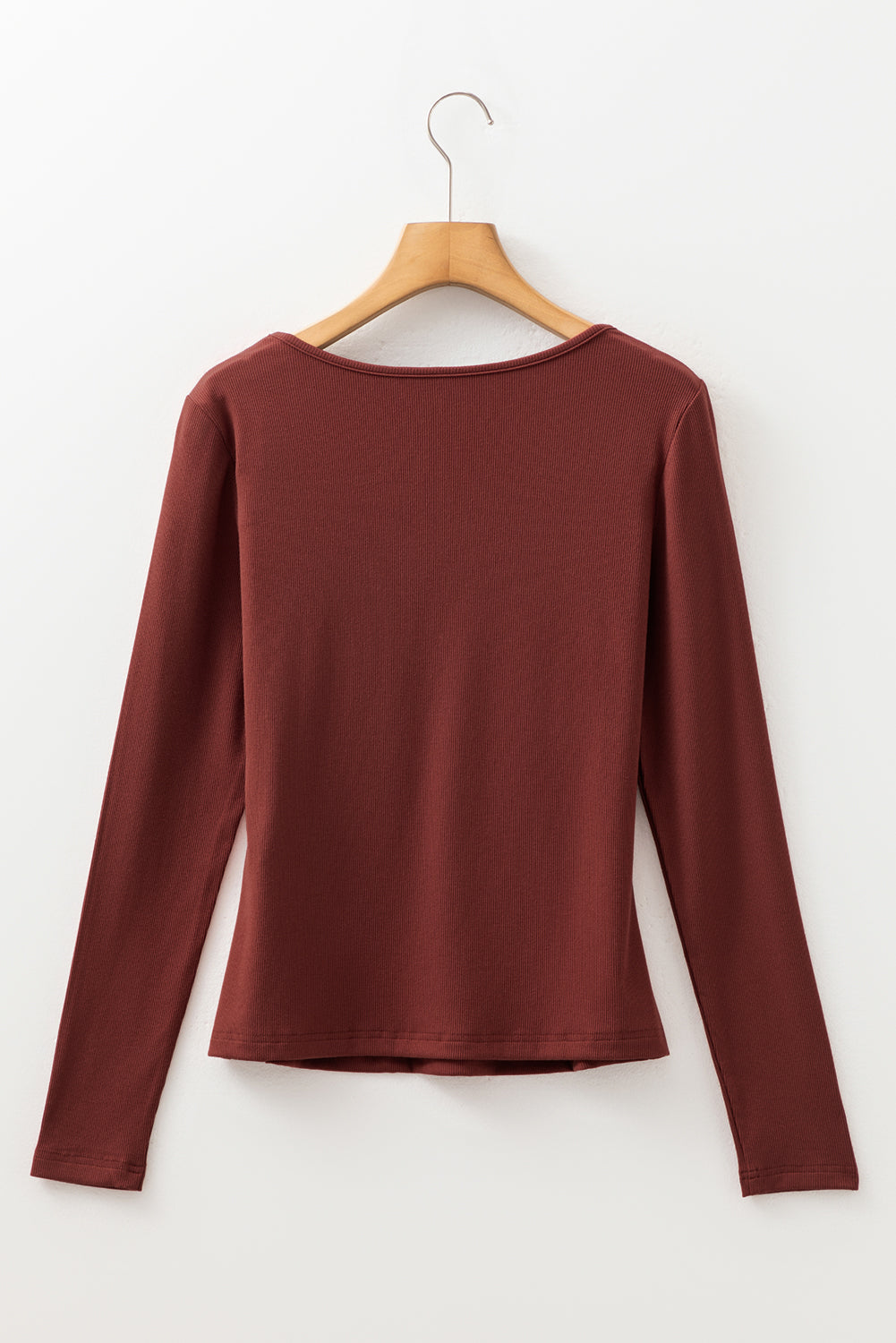 Old Rose Gathered Bust Square Neck Ribbed Fit Long Sleeve Top