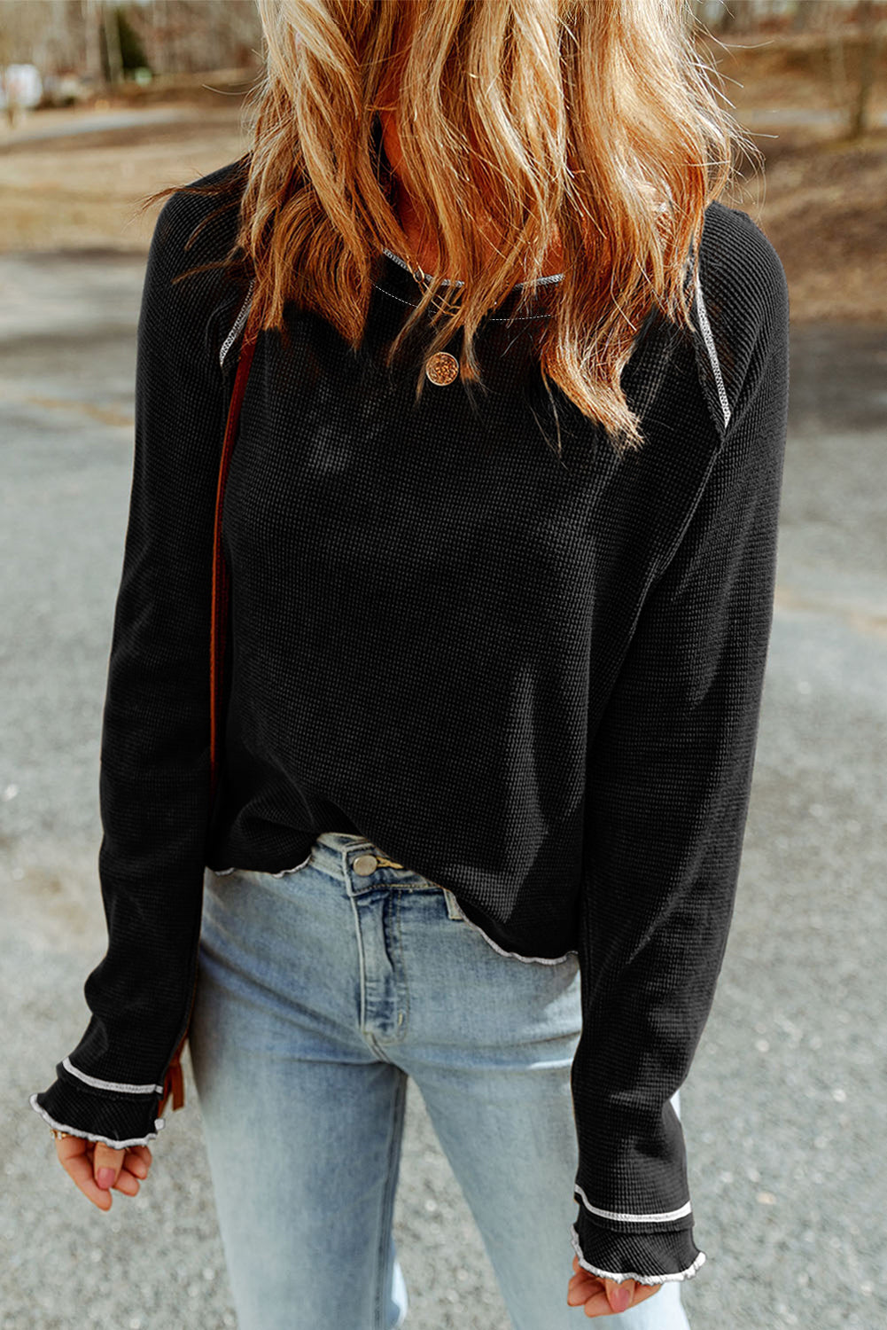 Apricot Textured Round Neck Long Sleeve Top