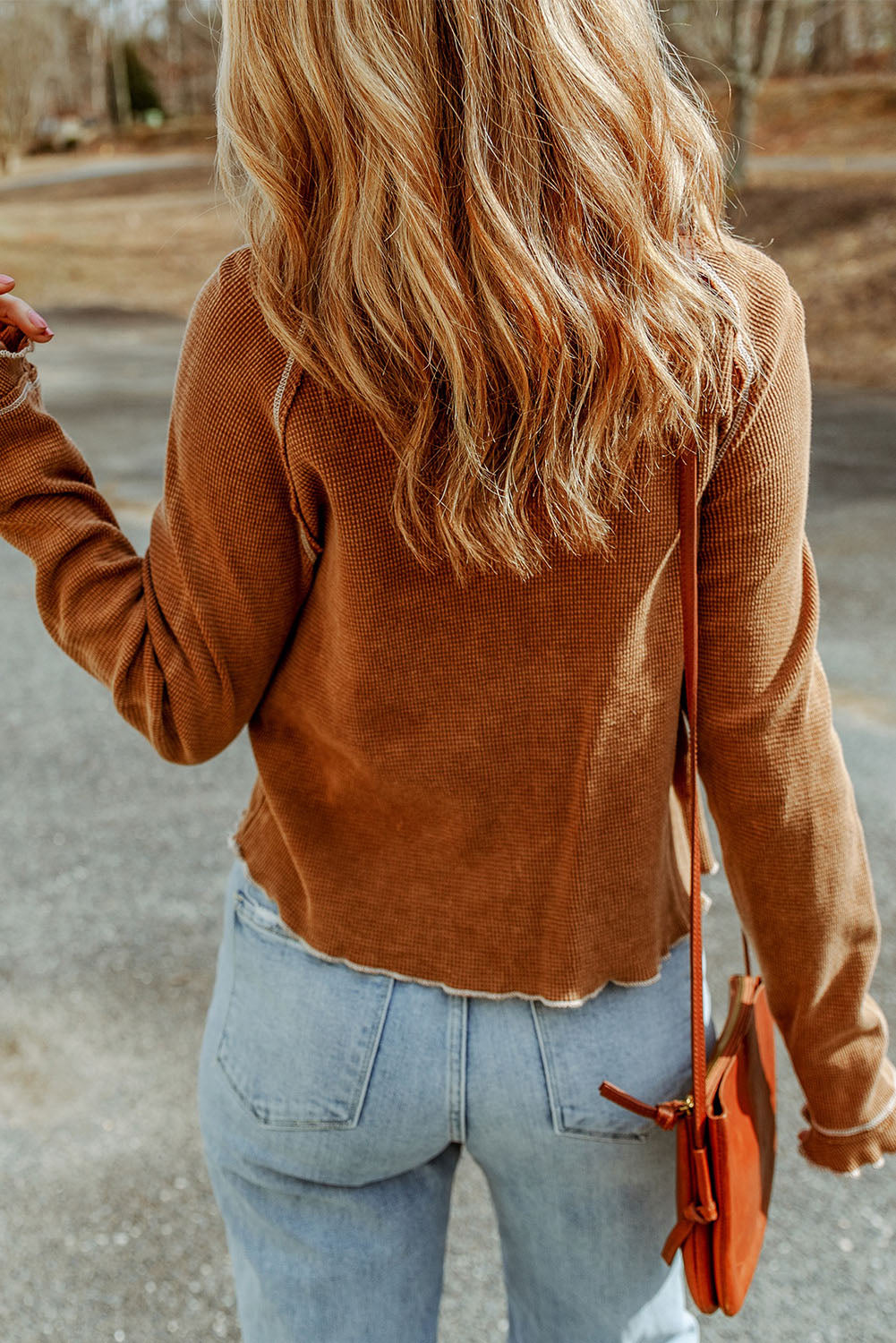 Apricot Textured Round Neck Long Sleeve Top