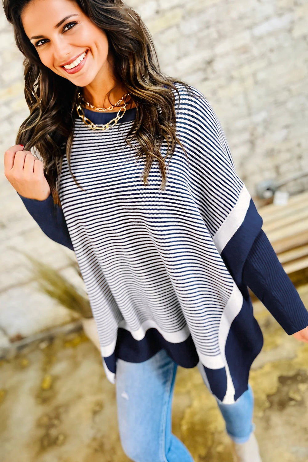 Blue Stripe Color Block Patchwork Dolman Oversize Tunic Sweater