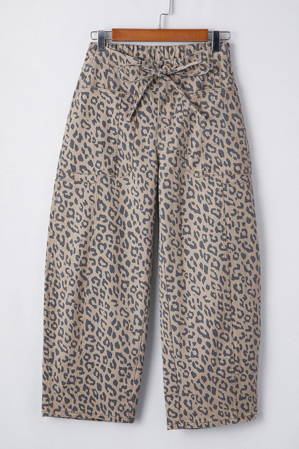Khaki Leopard Printed Drawstring Elastic Waistband Pocketed Wide Leg Jeans