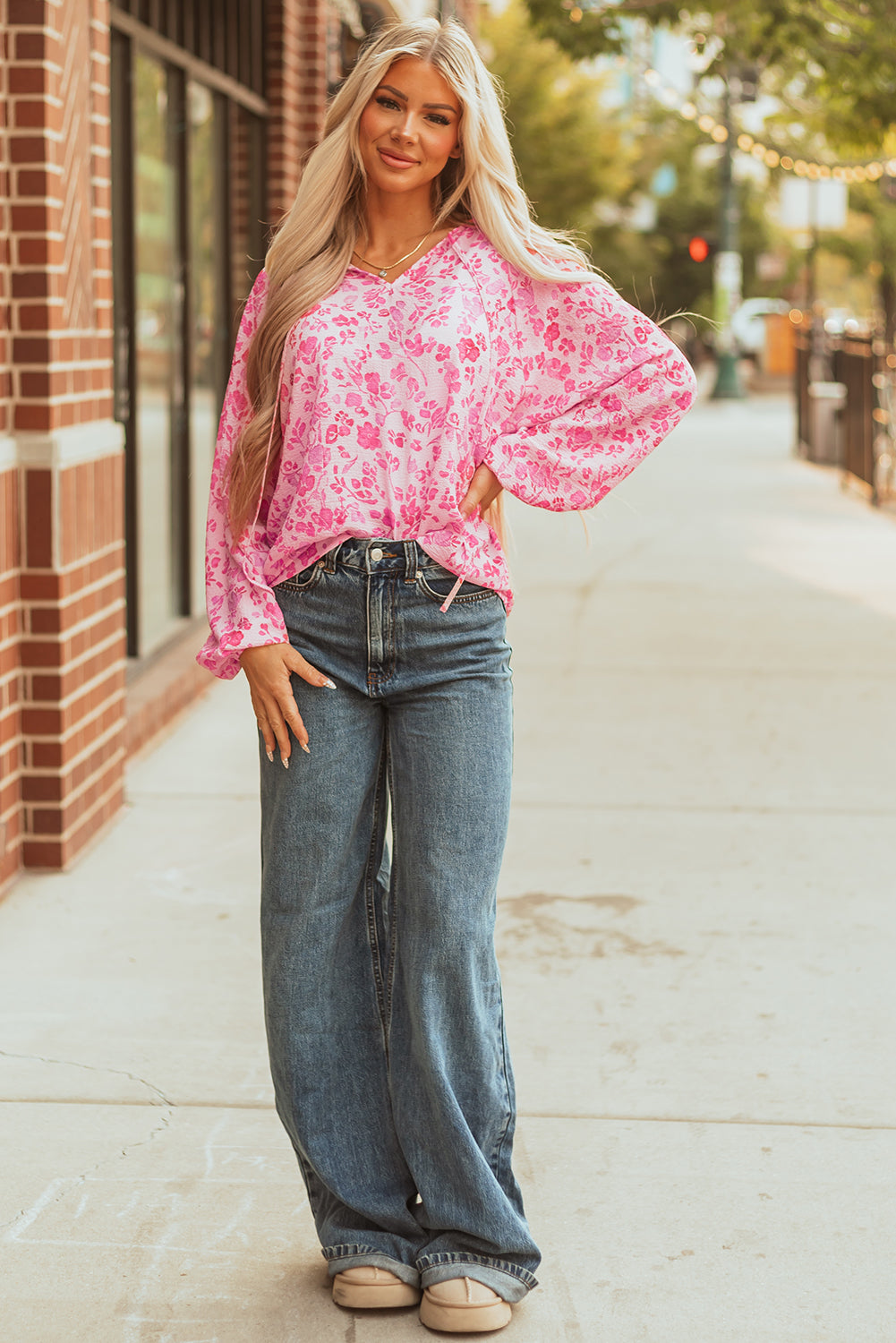 Pink Floral Puff Sleeve Split Neck Lightweight Blouse