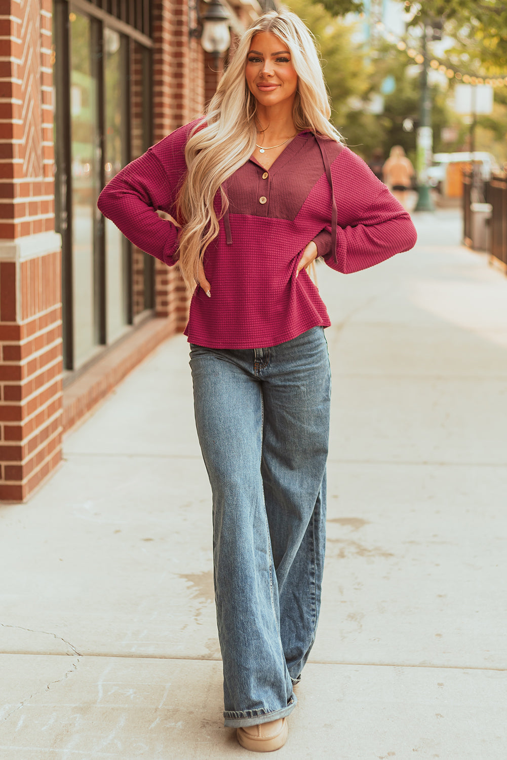 Oatmeal Waffle Patchwork Drop Shoulder Hooded Long Sleeve Top
