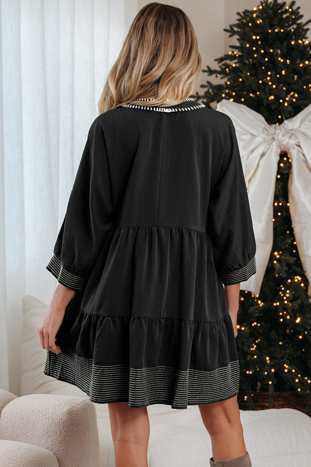 Black Contrast Stitched V Neck 3/4 Sleeve Tiered Mini Dress