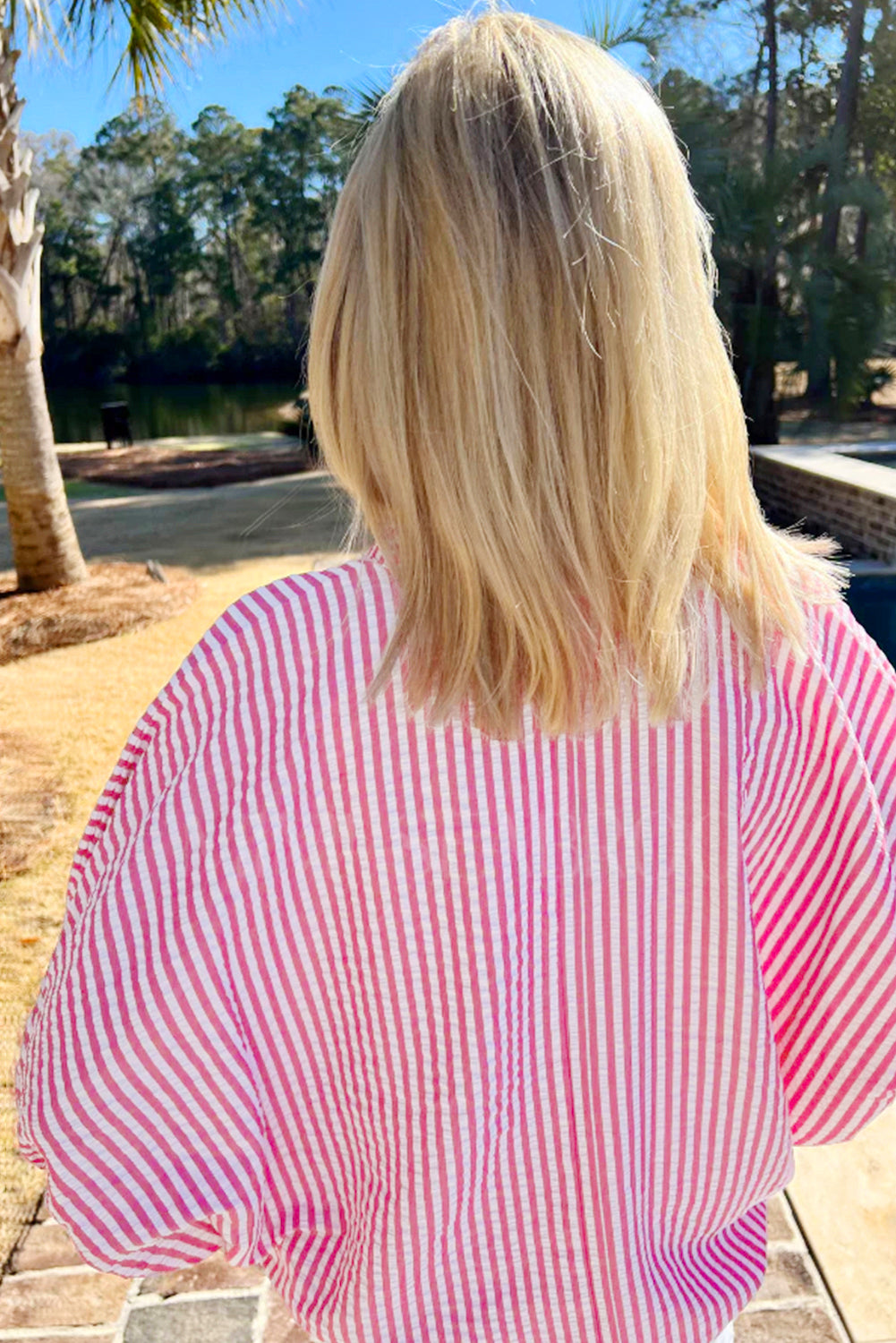 Sky Blue Striped Print Contrast Split Neck Dolman Sleeve Blouse