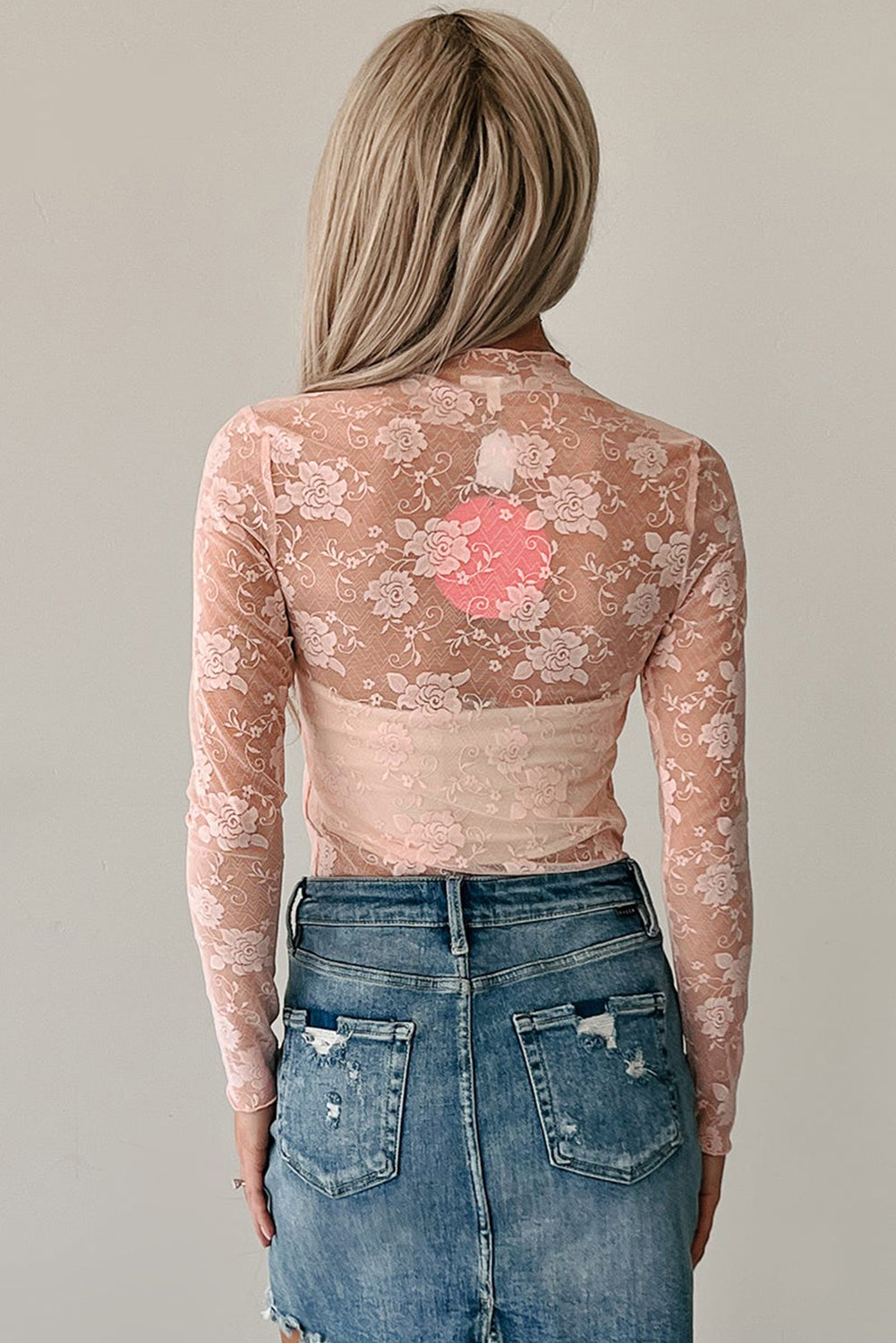 White Sheer Floral Lace Mesh Mock Neck Long Sleeve Top