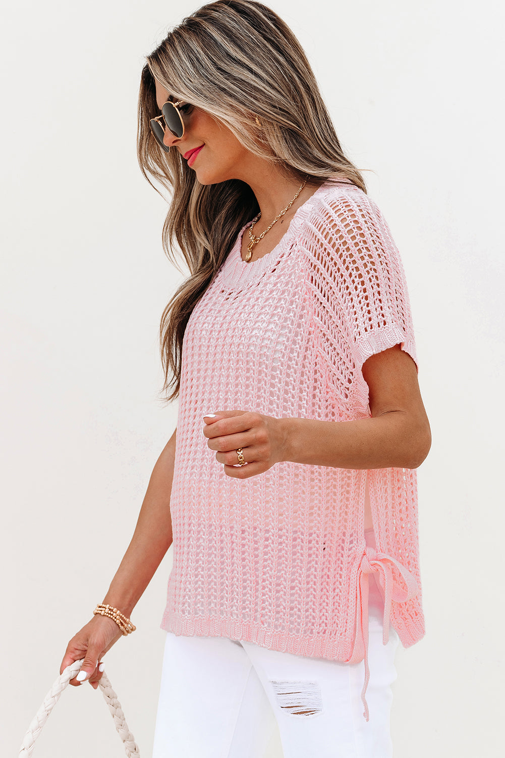 Yellow Cream Hollow-out Crochet Side Tied Short Sleeve Sweater