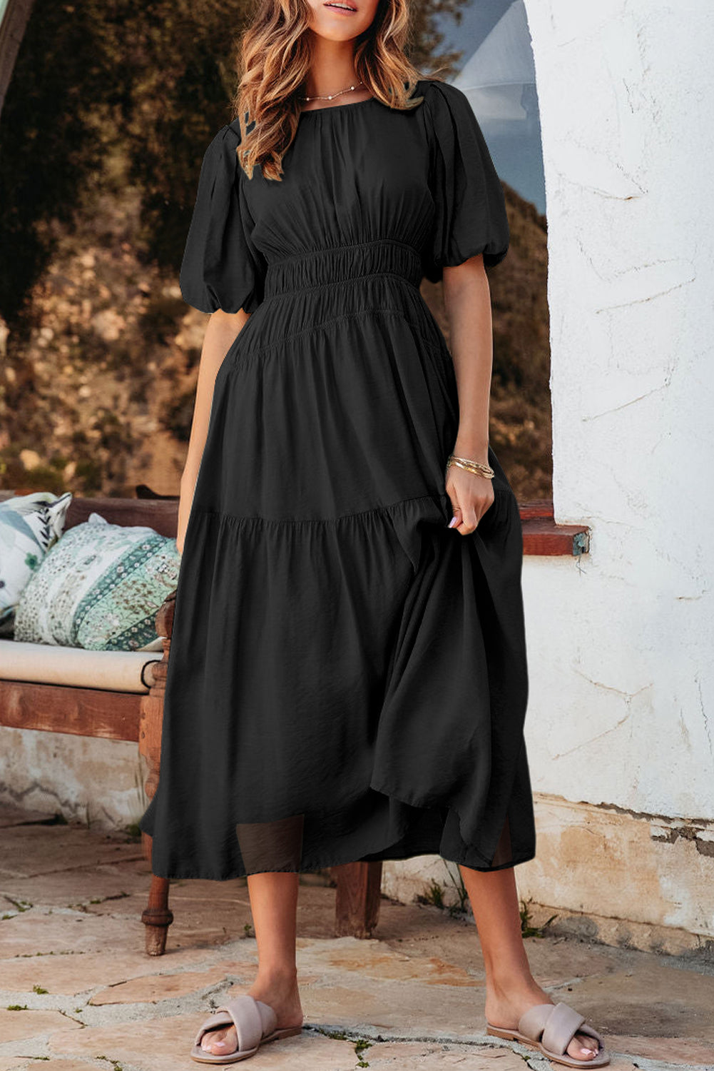 Pink Puff Sleeve Pleated High Waist Flowy Midi Dress