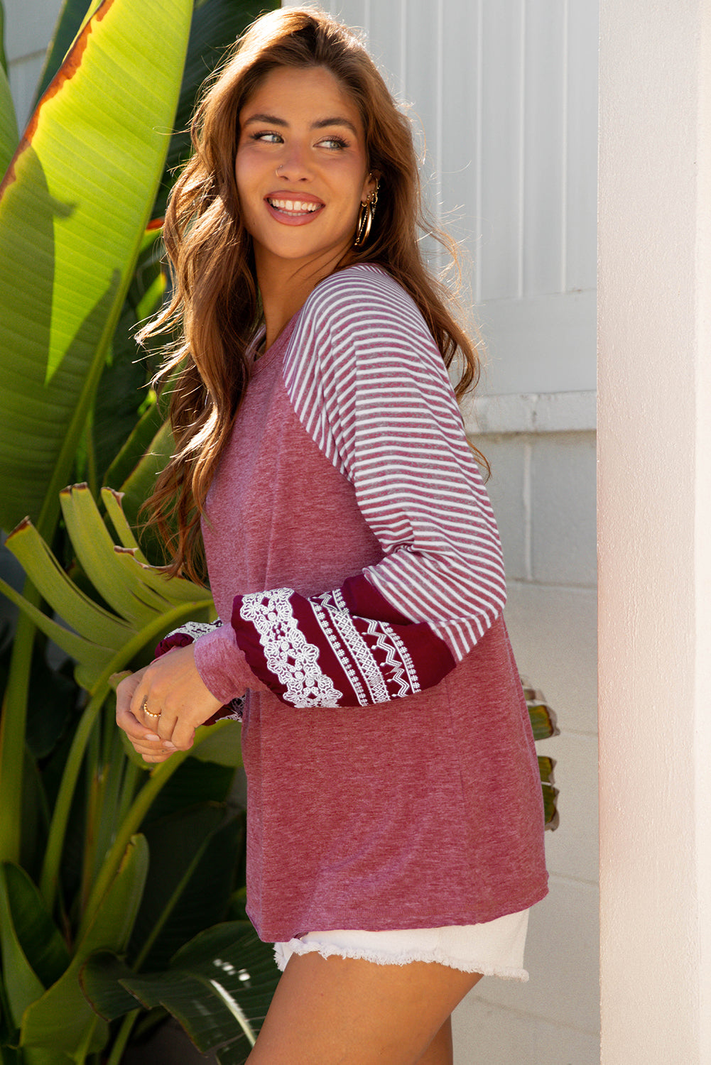 Navy Blue Contrast Print Striped Raglan Long Sleeve Loose Top