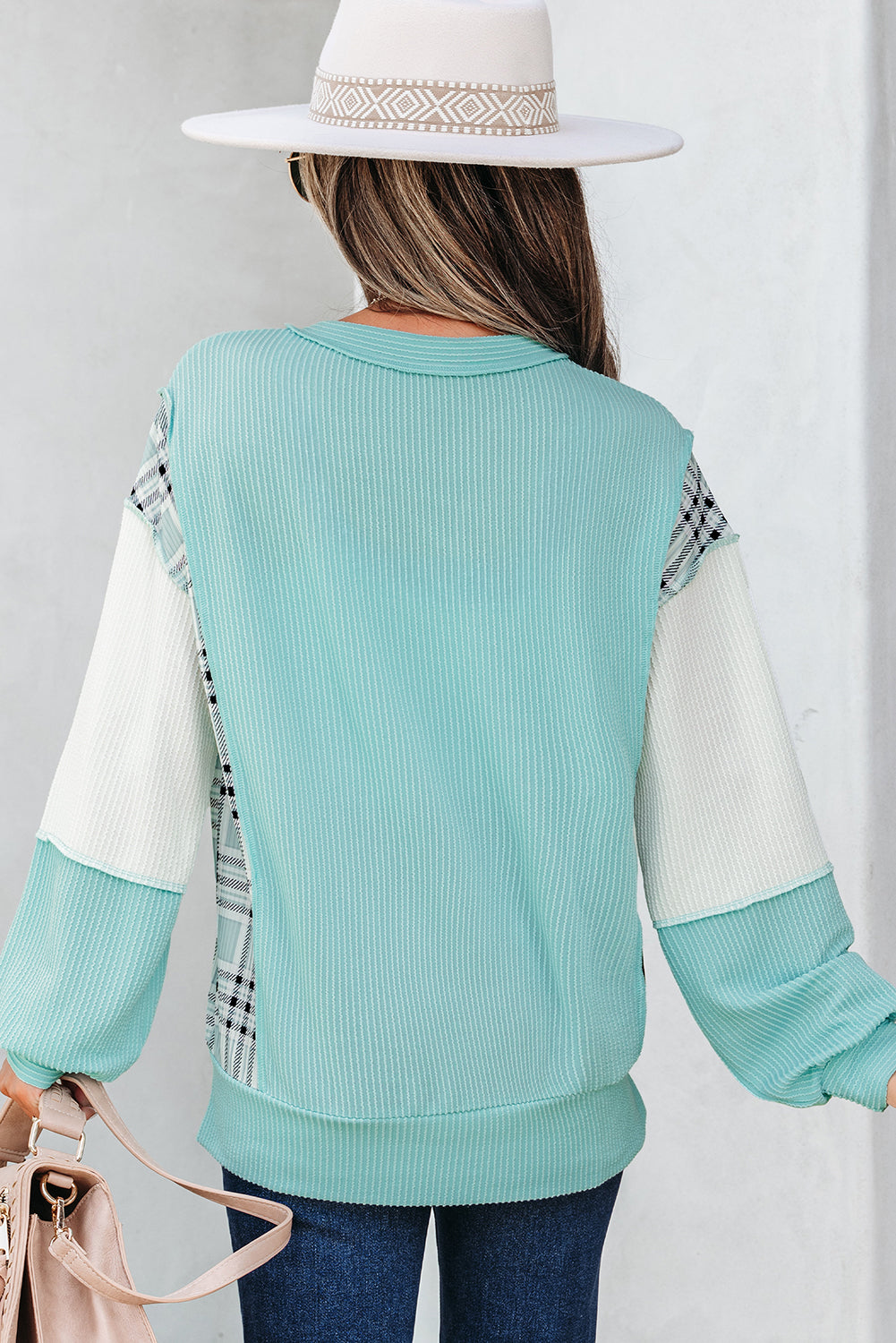 Aruba Blue Corded Texture Colorblock Patchwork Split Neck Long Sleeve Top