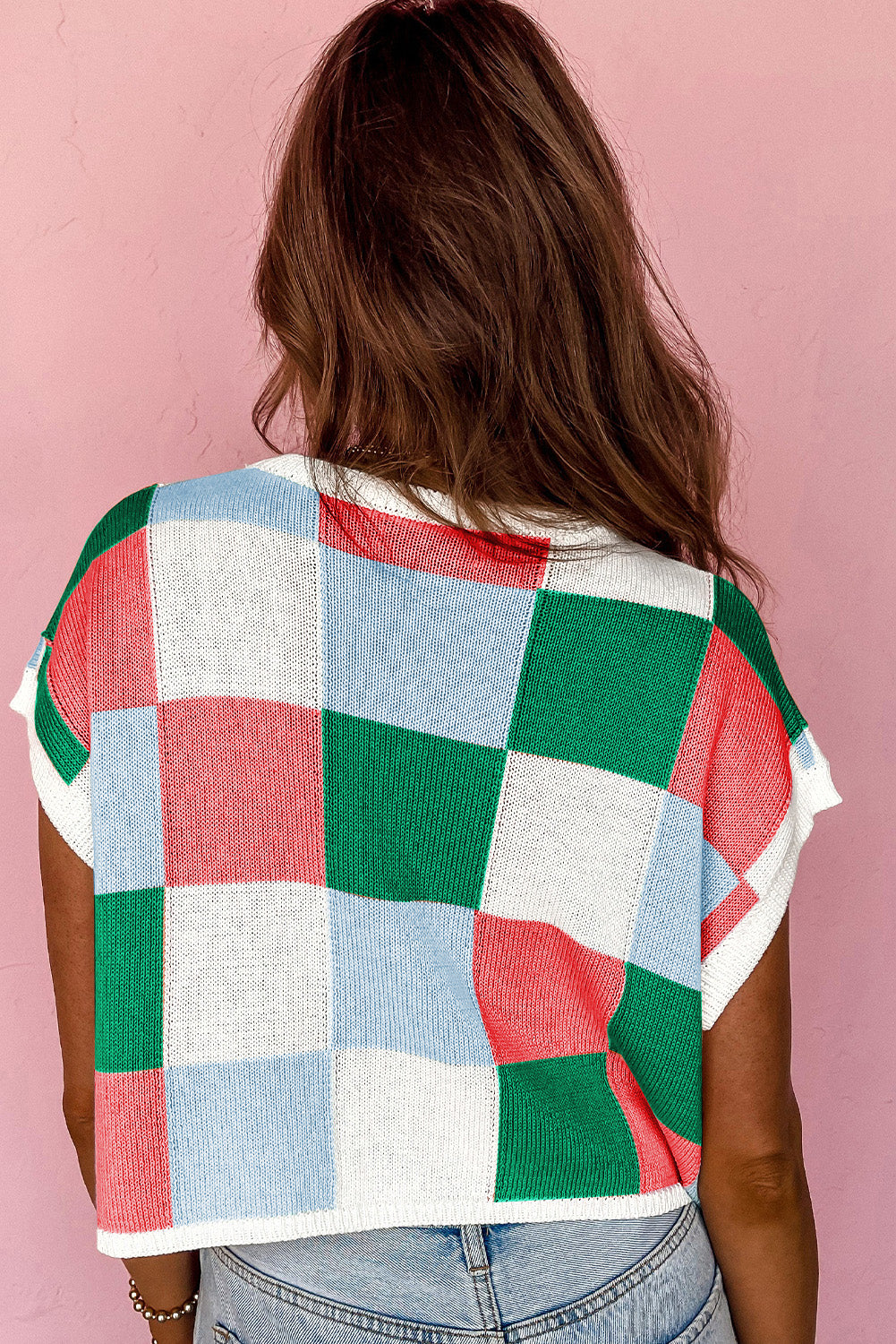 White Color Block Cap Sleeve Sweater