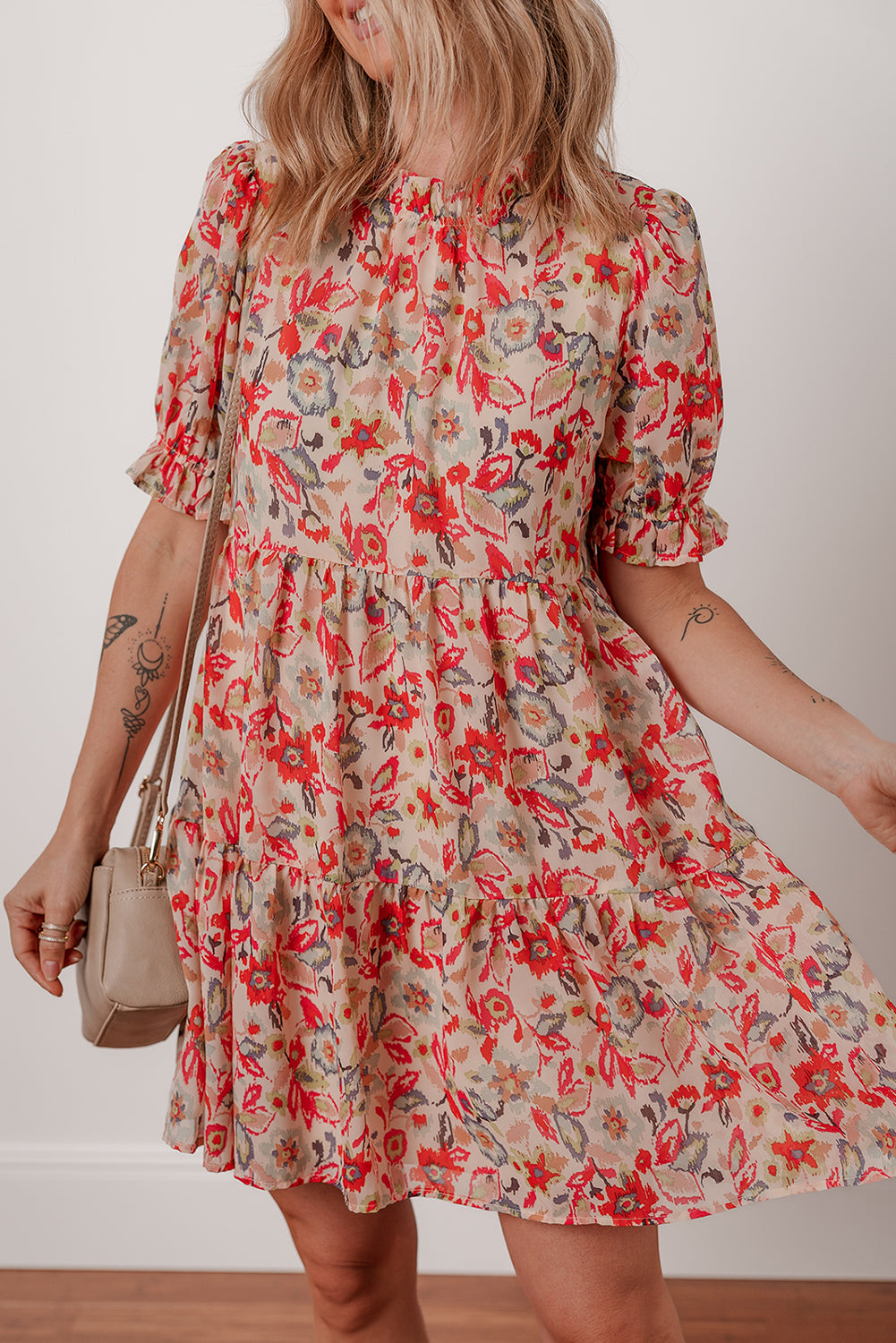 Multicolour Floral Print Frilled Neck Puff Sleeve High Waist Dress