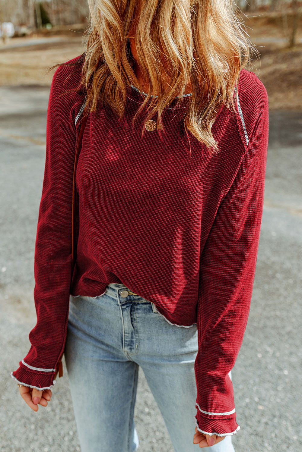 Apricot Textured Round Neck Long Sleeve Top