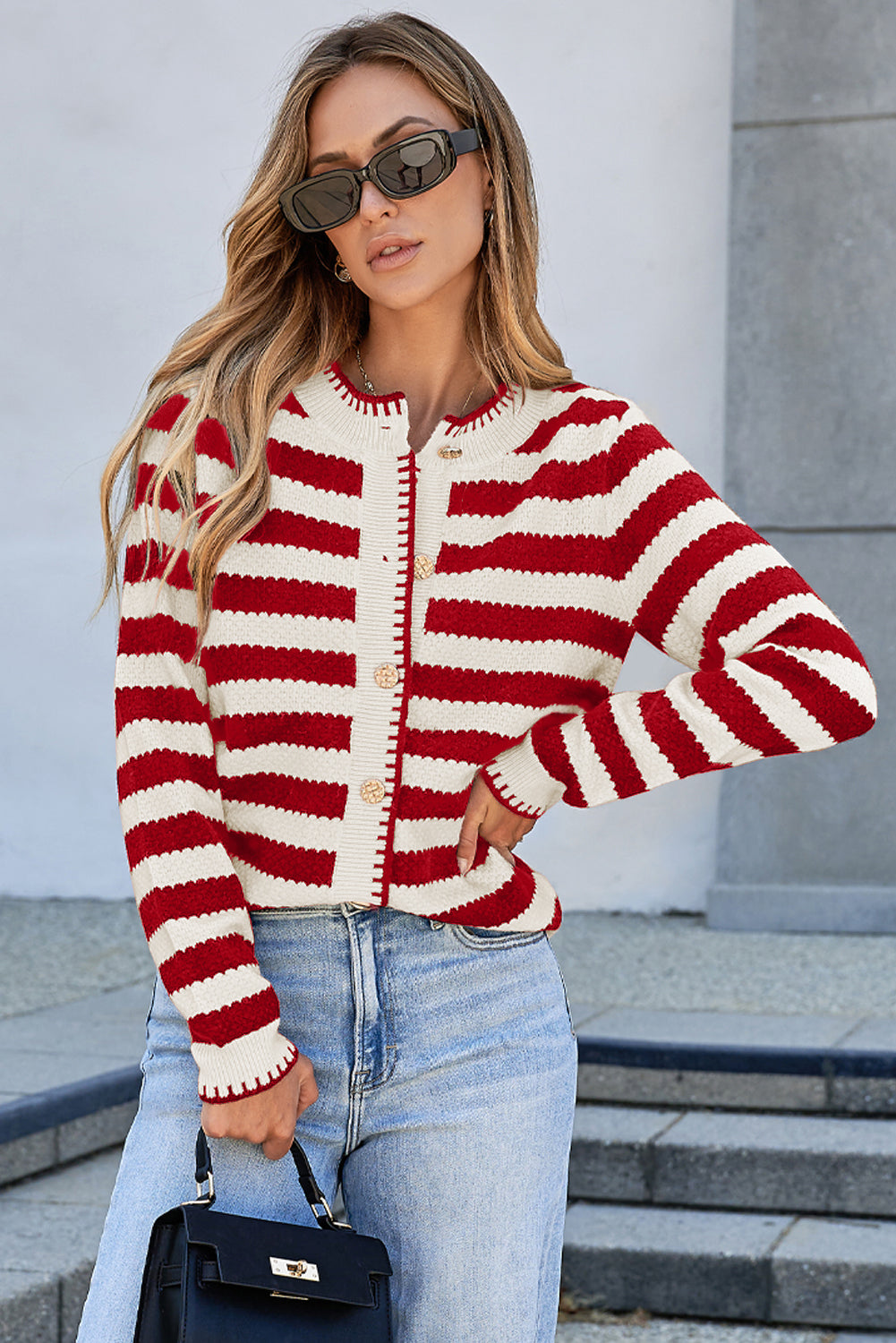 White Stripe Chic Golden Button Cardigan Sweater