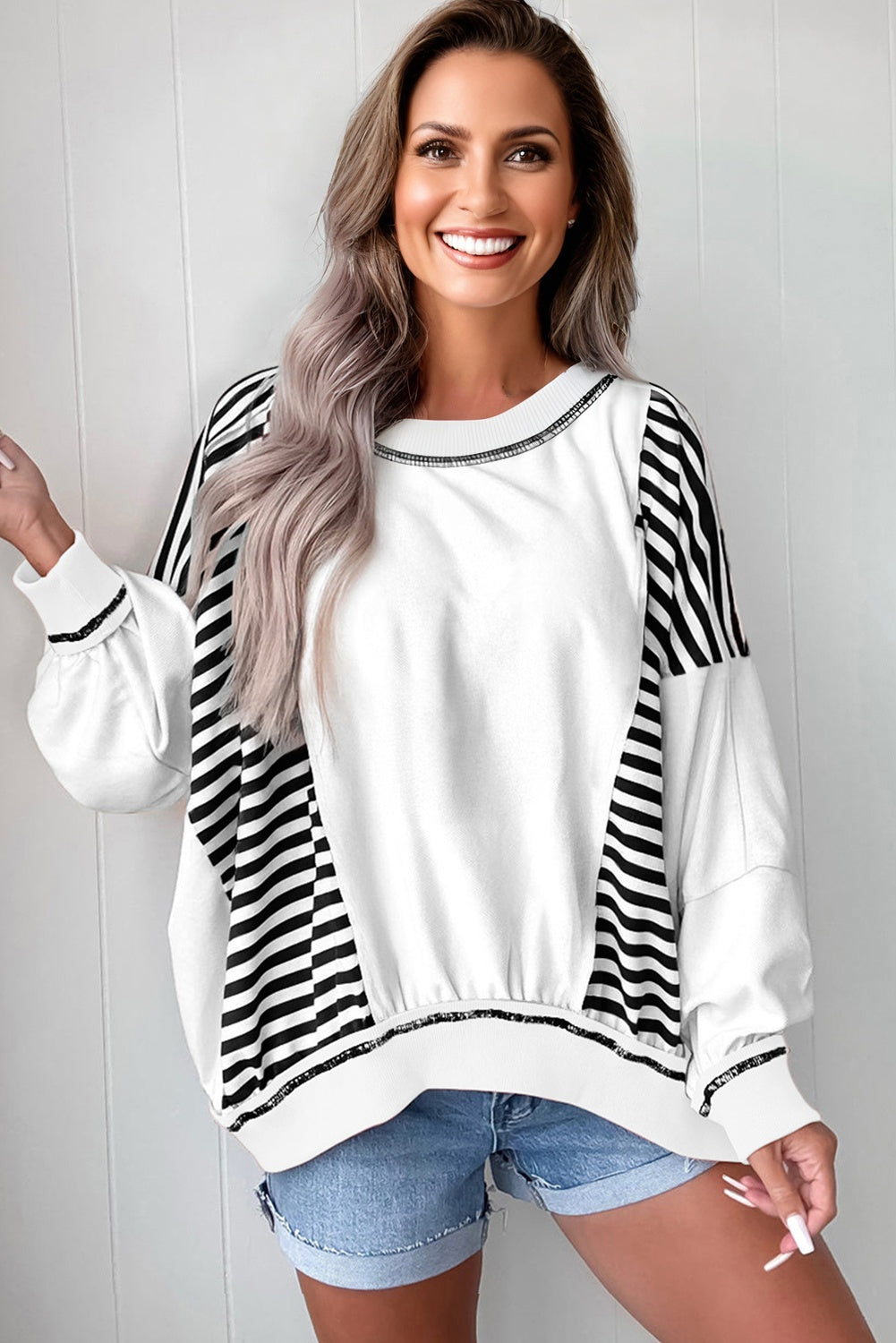 White Stripe Colorblock Patchwork Contrast Stitching Oversize Sweatshirt