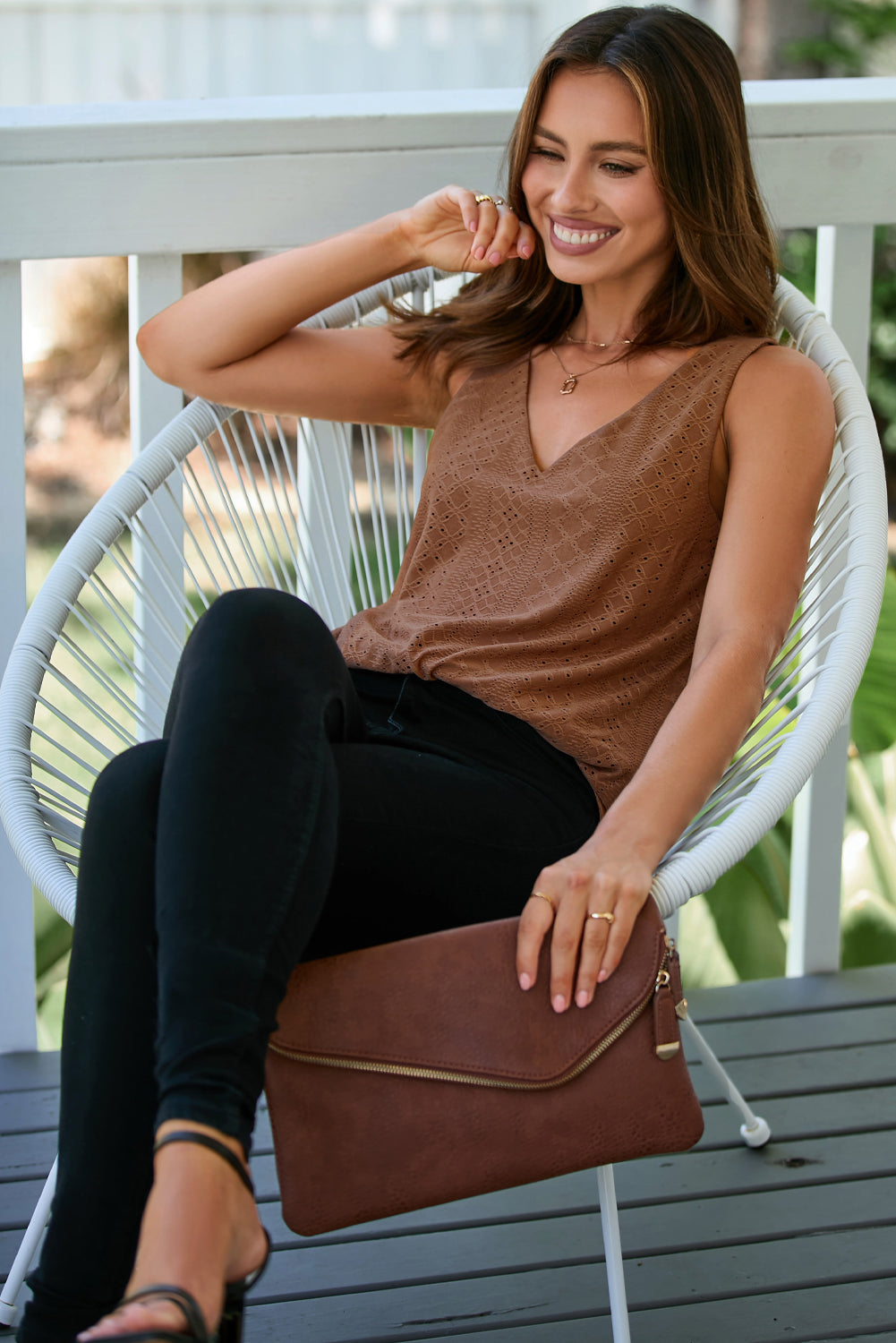 Black Eyelet Knit Patterned Loose V Neck Tank Top