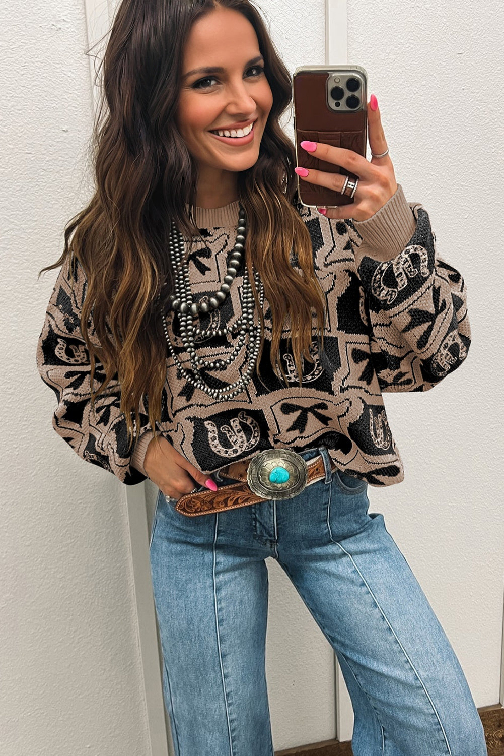 Brown Bows & Horseshoes Pattern Western Fashion Print Sweater