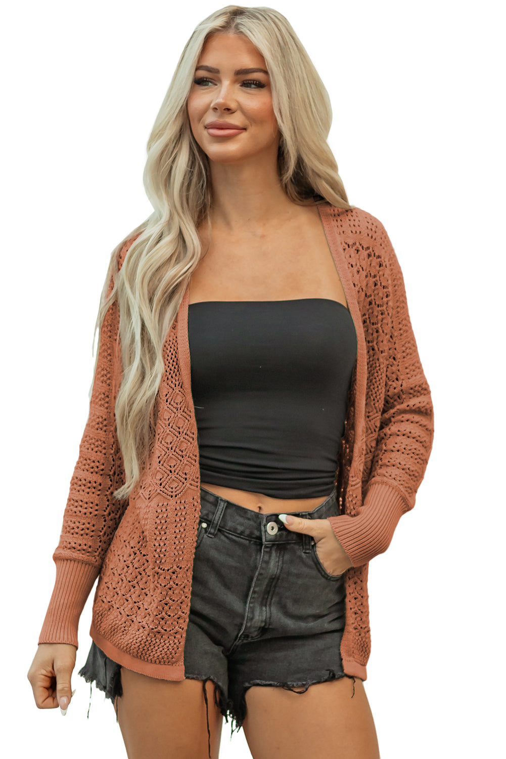 Jet Stream Mix Pattern Hollowed Knit Open Front Cardigan