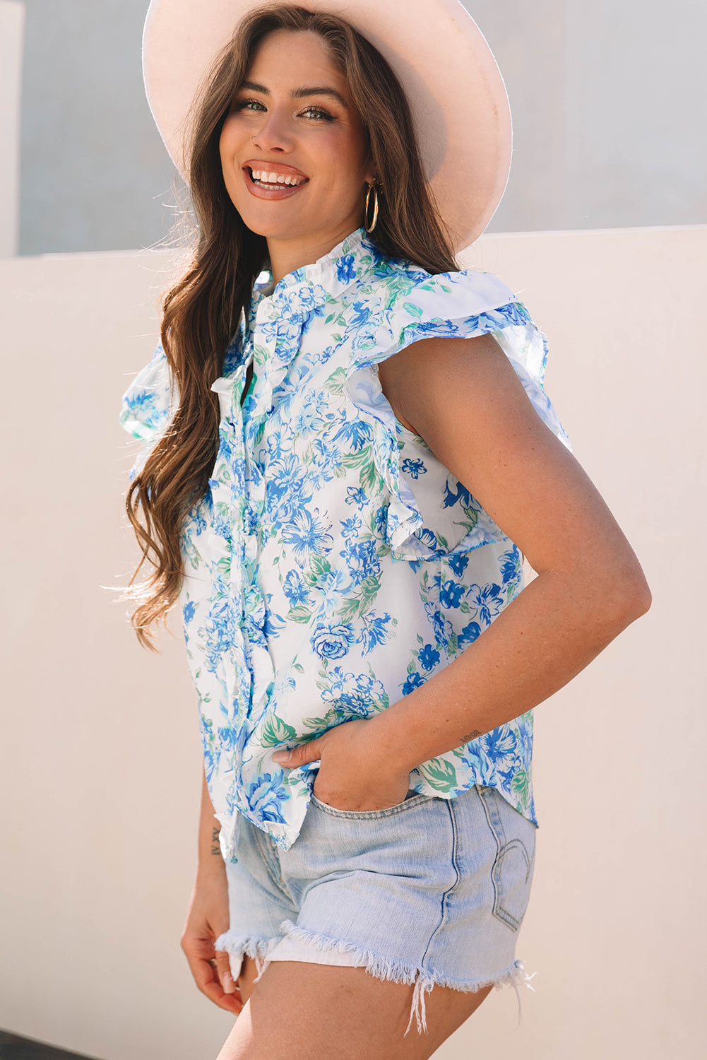 Purple Floral Print Ruffle Sleeve Frilly Button Up Shirt
