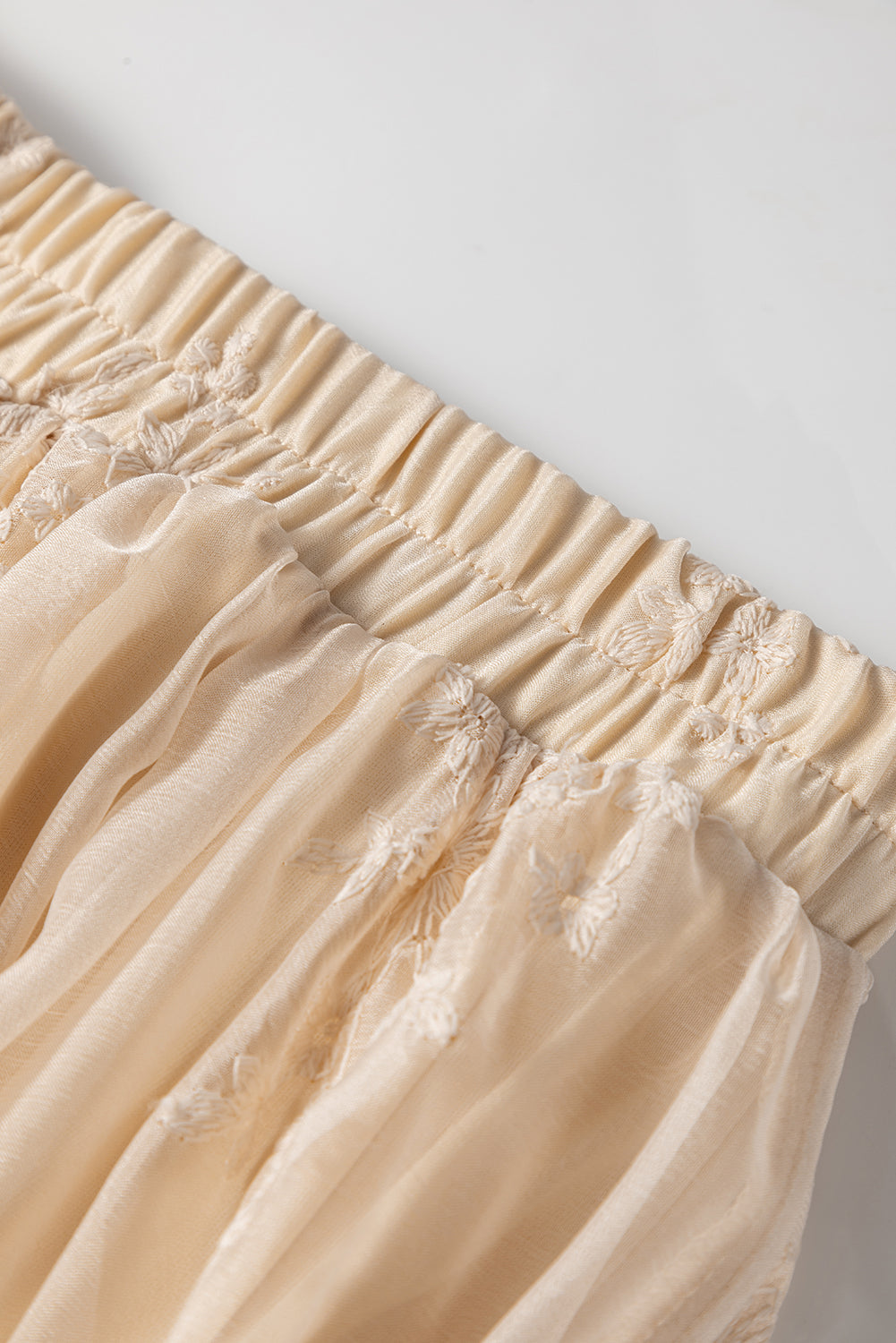 Oatmeal Embroidered Mesh Overlay Flowy Long Skirt