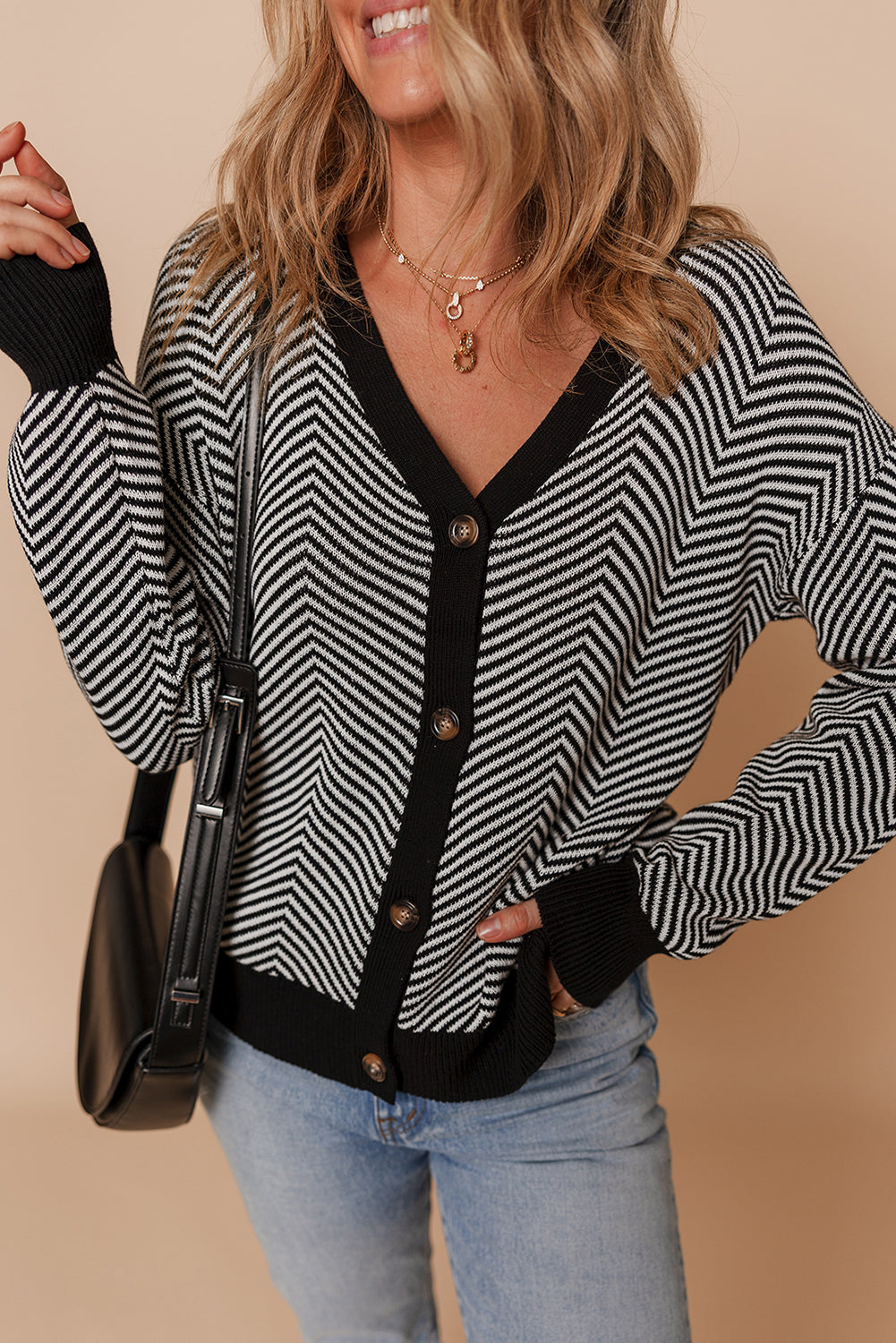 White Stripe Buttoned Front V Neck Herringbone Cardigan