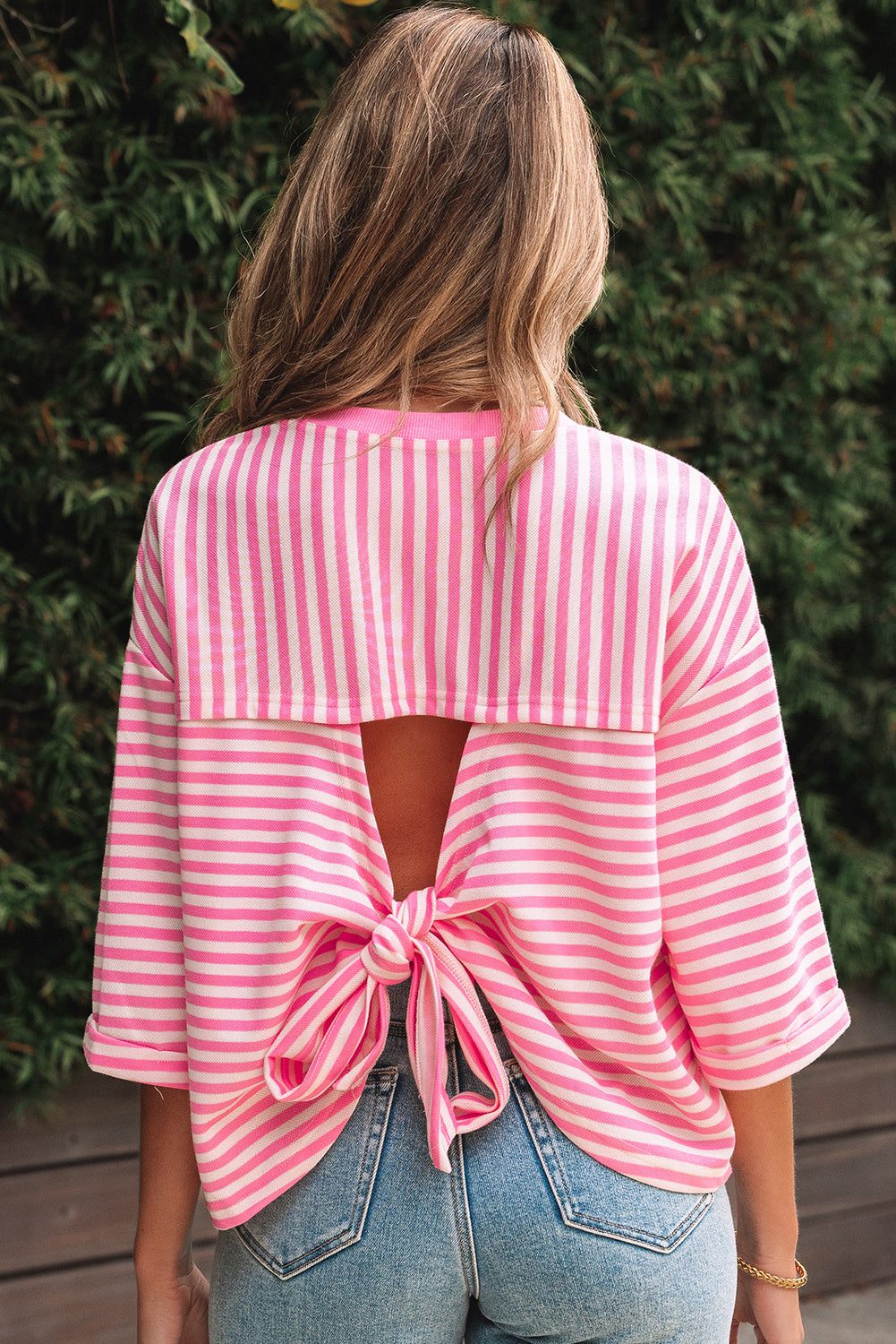 Red Stripe Bowknot Cutout Back Drop Shoulder Wide Bracelet Sleeve Loose Tee