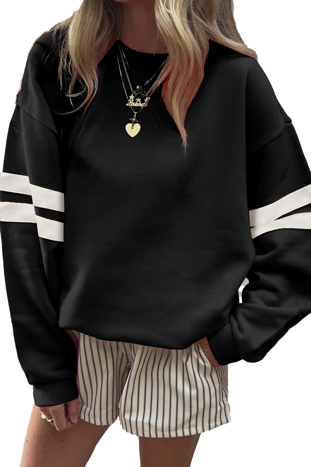Black Varsity Striped Detail Drop Shoulder Oversized Sweatshirt