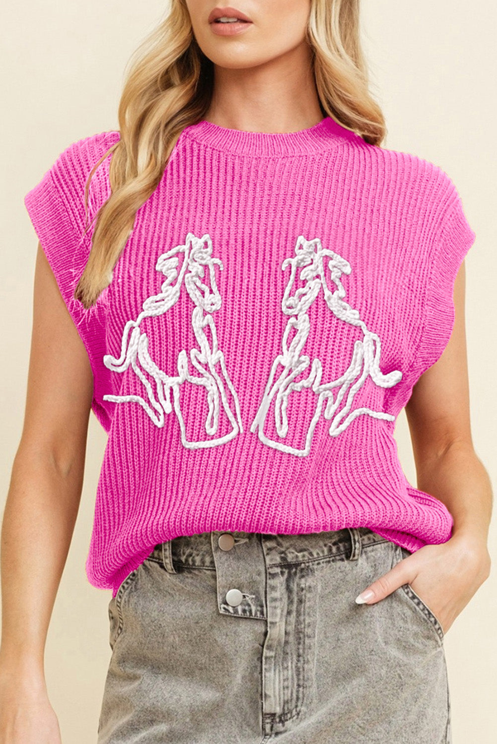 Sachet Pink Western Horse Embroidered Round Neck Sweater Tee