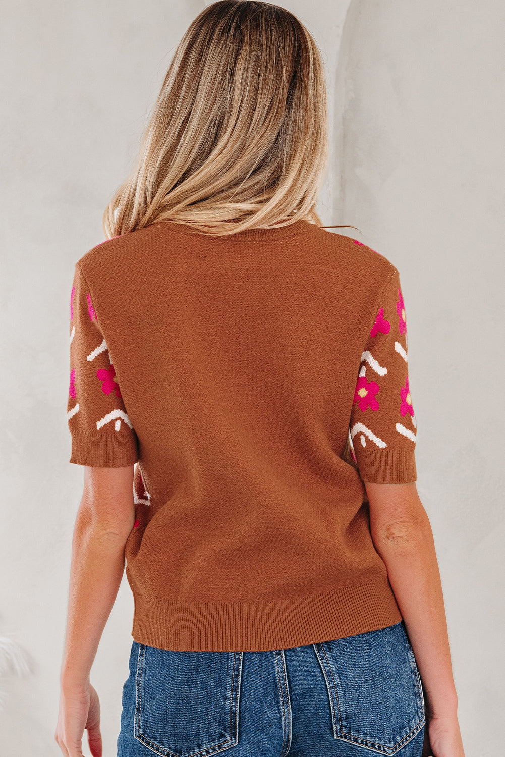 Brown Floral Short Puff Sleeve Sweater