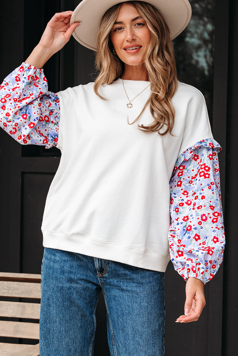 White Floral Ruffled Balloon Sleeve Patchwork Loose Blouse