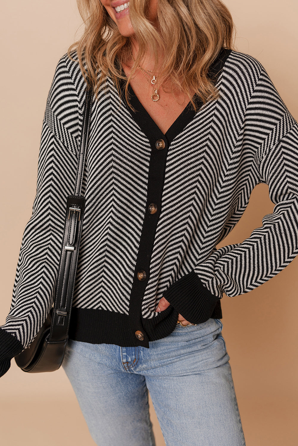 White Stripe Buttoned Front V Neck Herringbone Cardigan