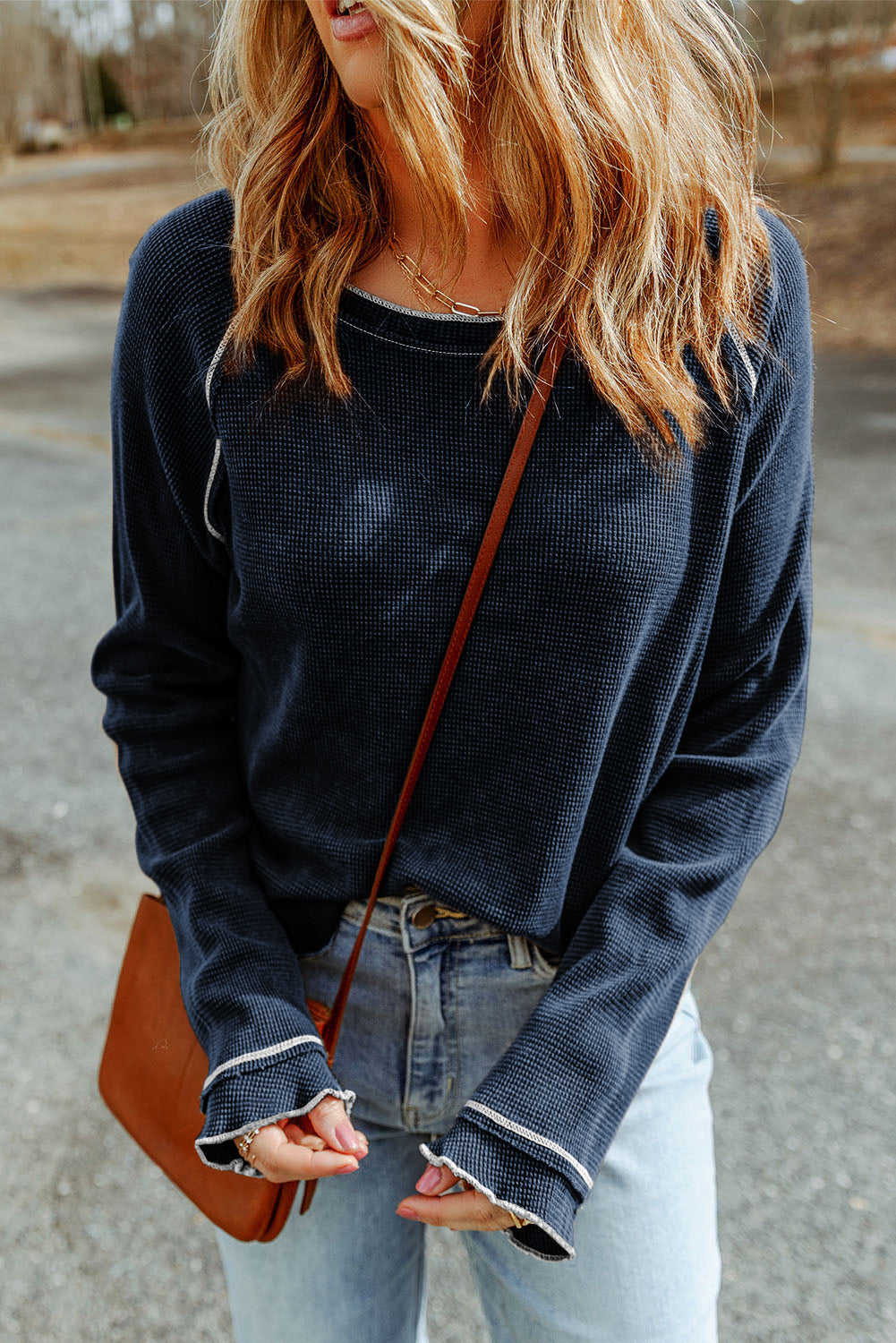Apricot Textured Round Neck Long Sleeve Top