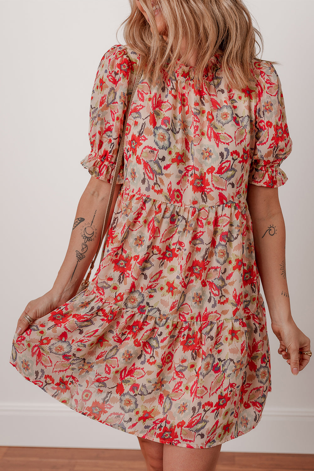 Multicolour Floral Print Frilled Neck Puff Sleeve High Waist Dress