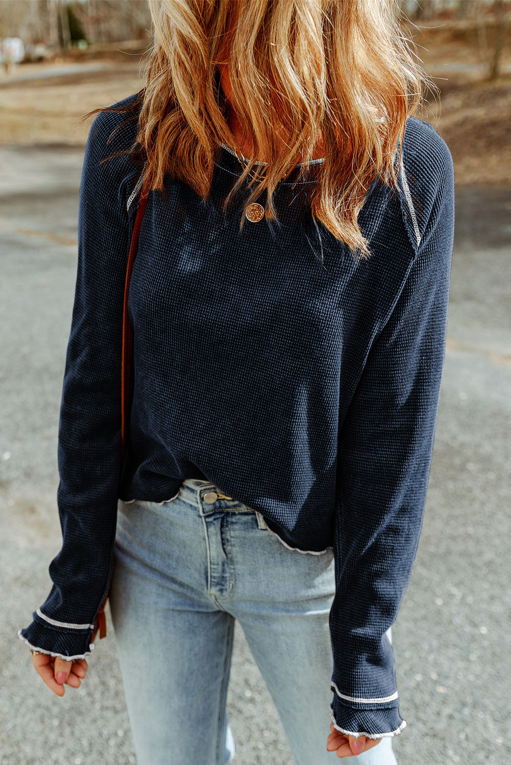 Apricot Textured Round Neck Long Sleeve Top