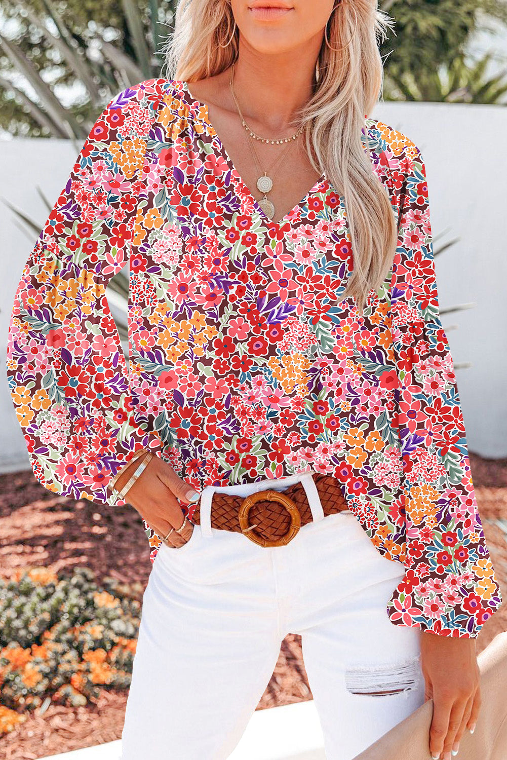 Yellow Floral Print V Neck Long Puff Sleeve Top