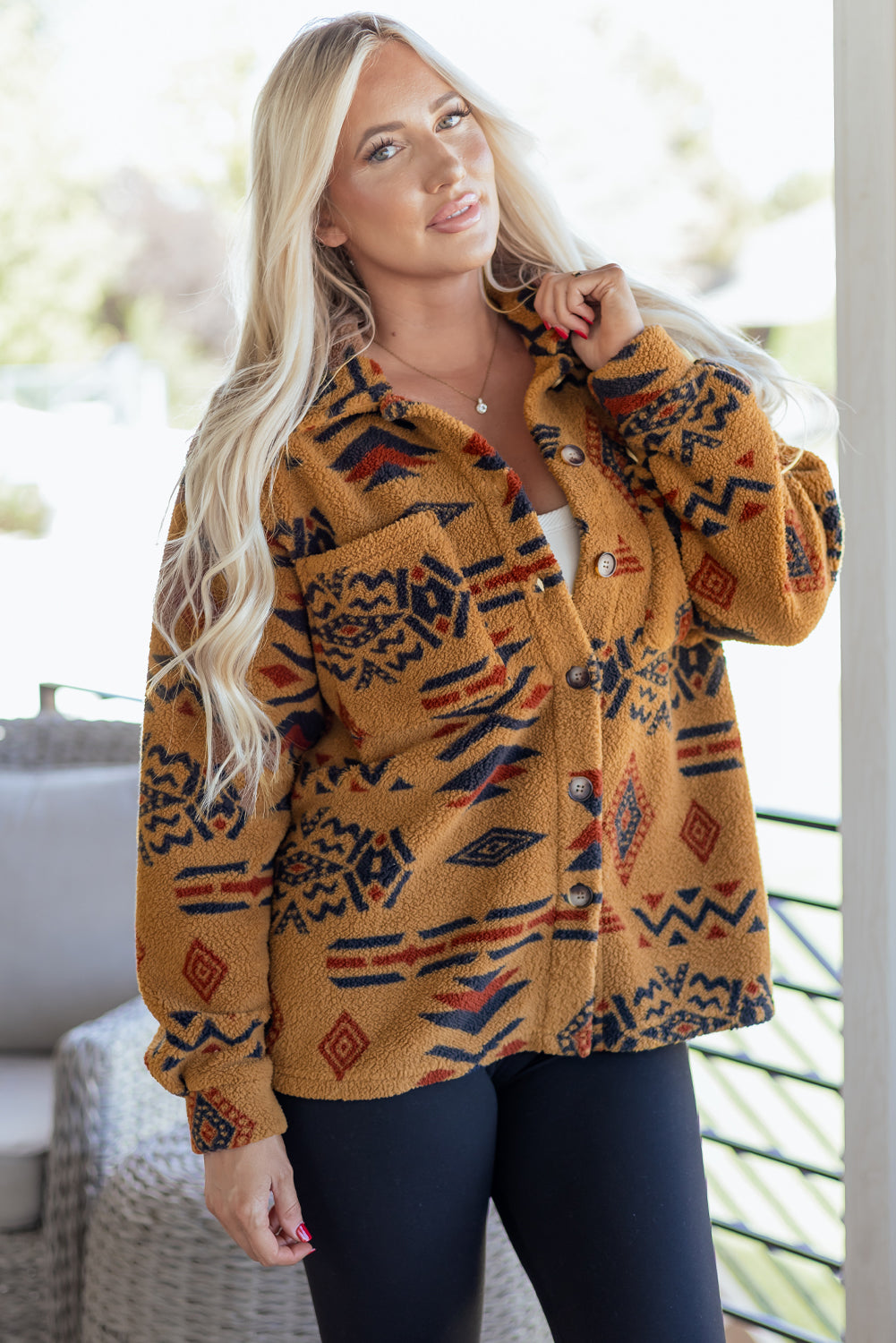 Khaki Western Aztec Pattern Fleece Shacket